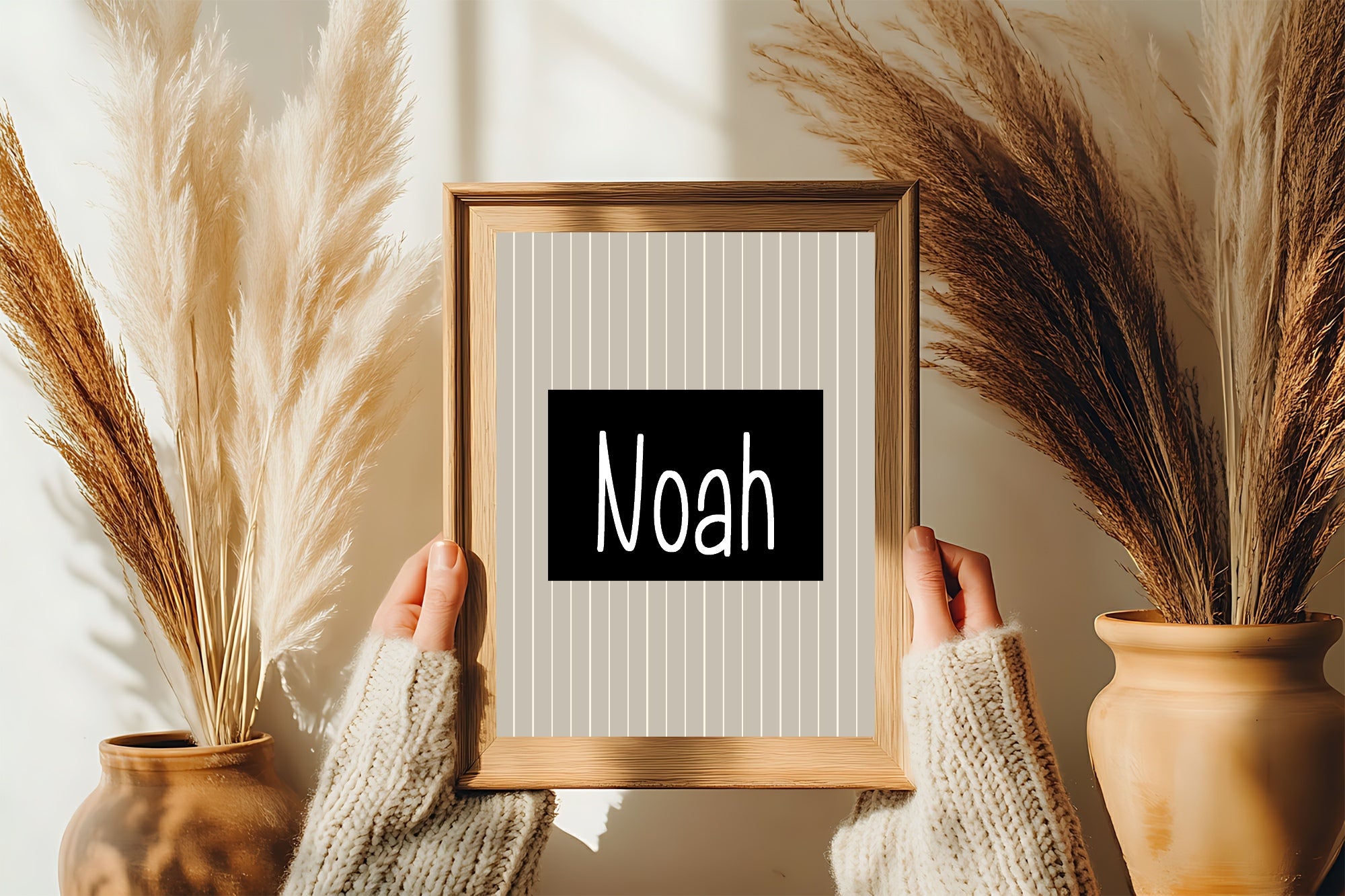 Personalised Pinstripe Name Wall Art Print | Beige & Black