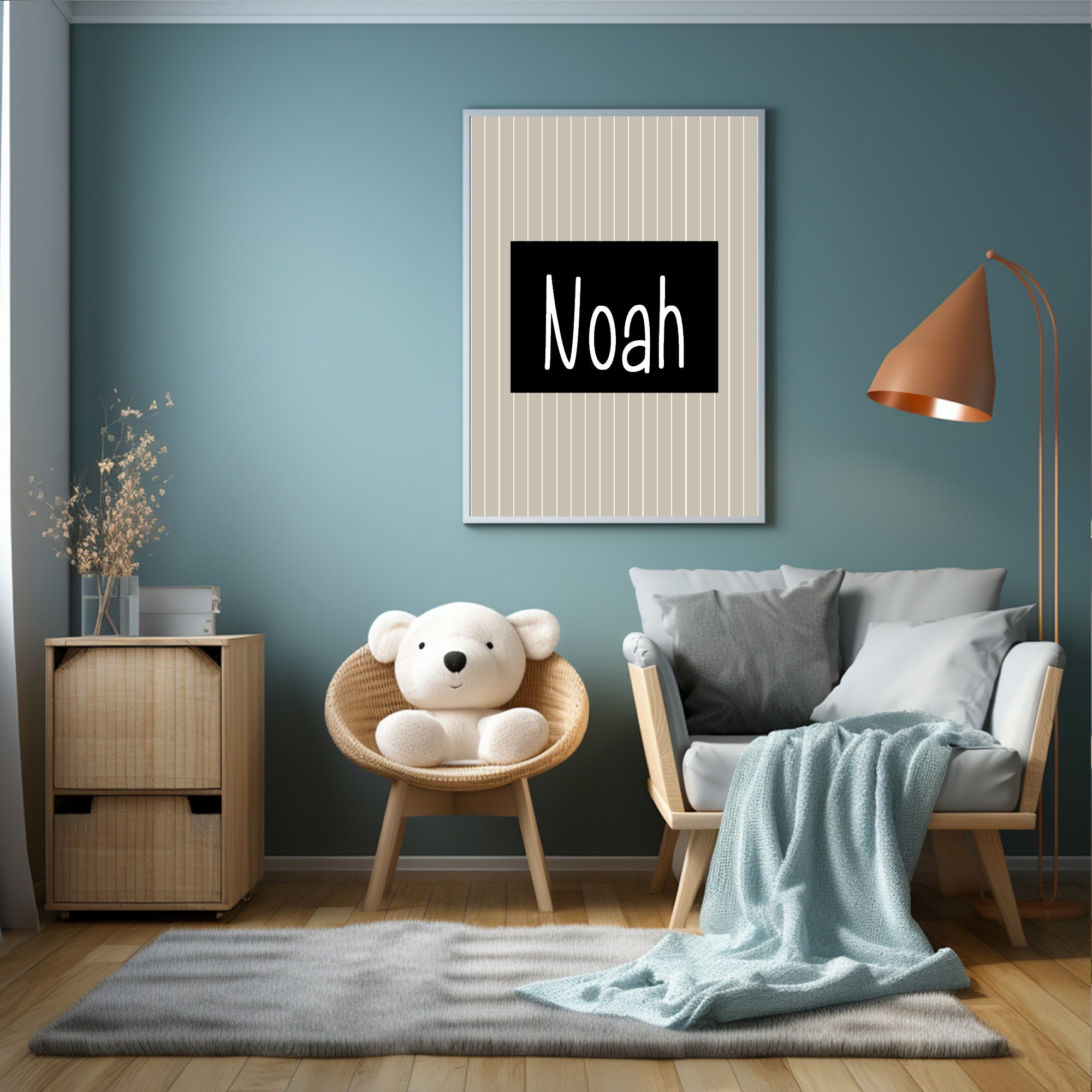Personalised Pinstripe Name Wall Art Print | Beige & Black