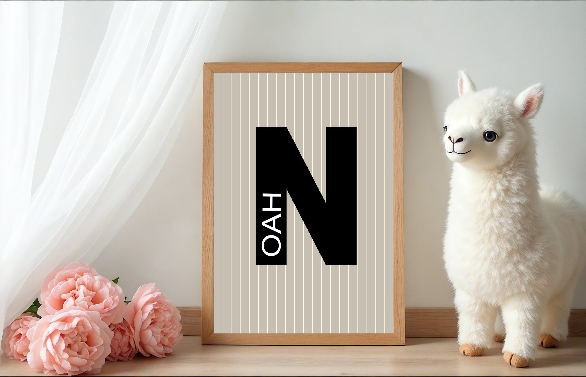 Personalised Pinstripe Initial & Name Wall Art Print | Beige & Black