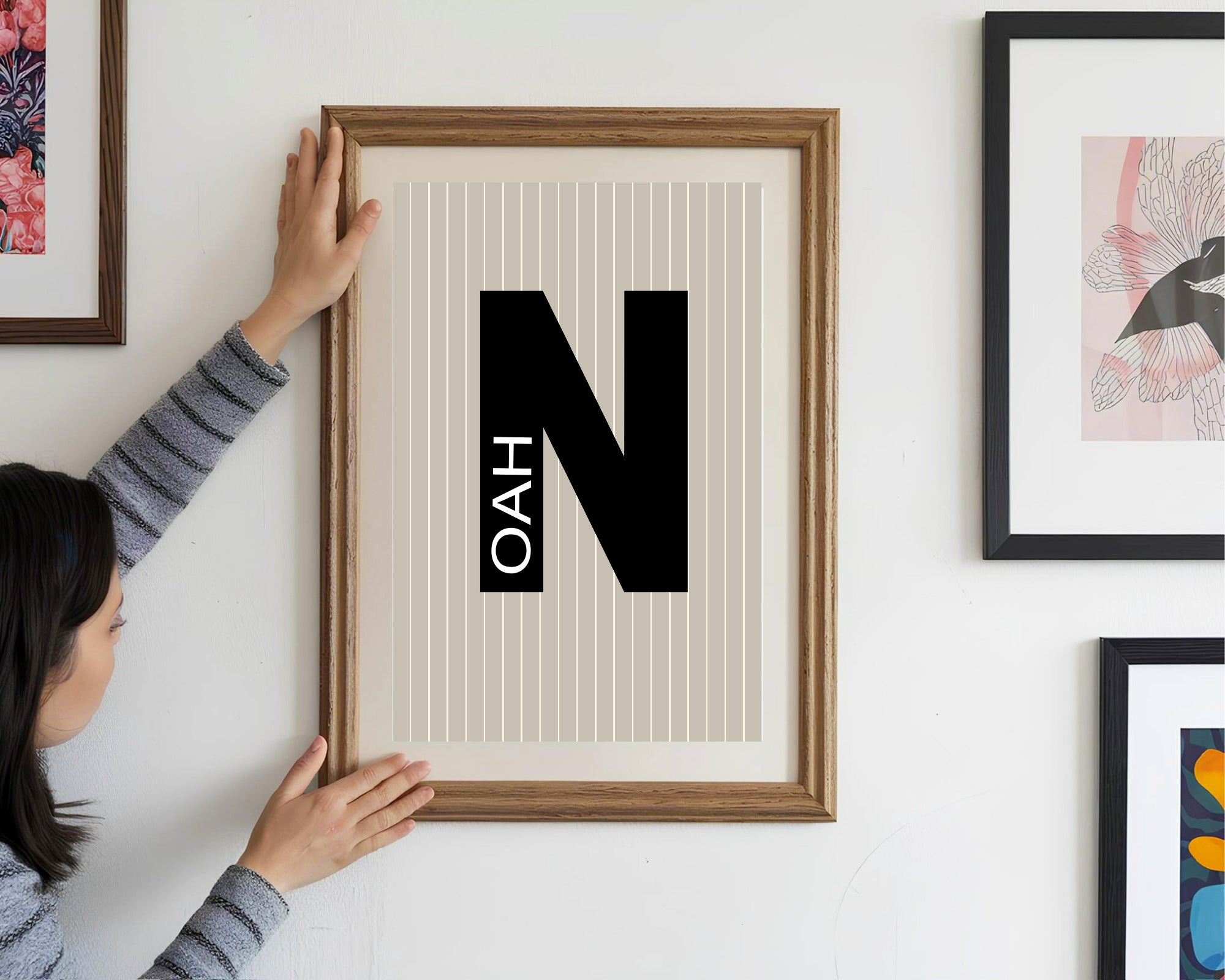 Personalised Pinstripe Initial & Name Wall Art Print | Beige & Black