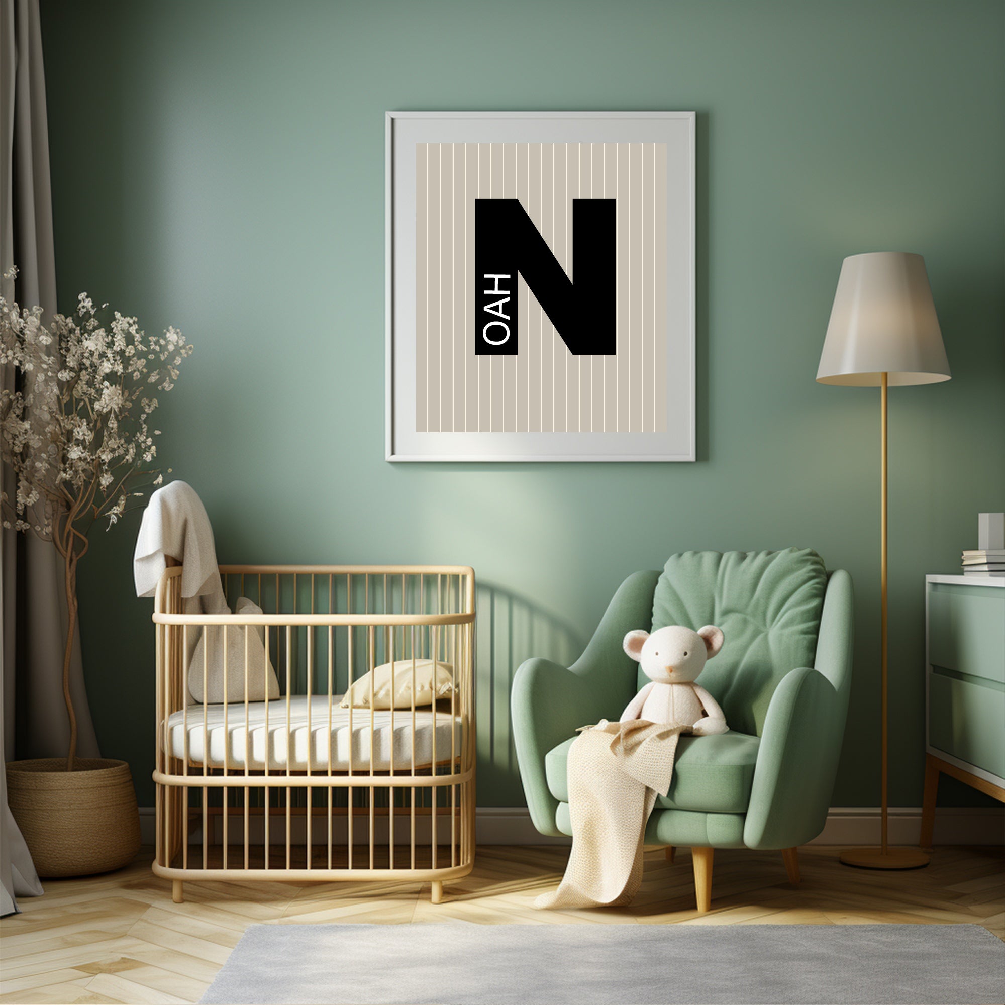 Personalised Pinstripe Initial & Name Wall Art Print | Beige & Black