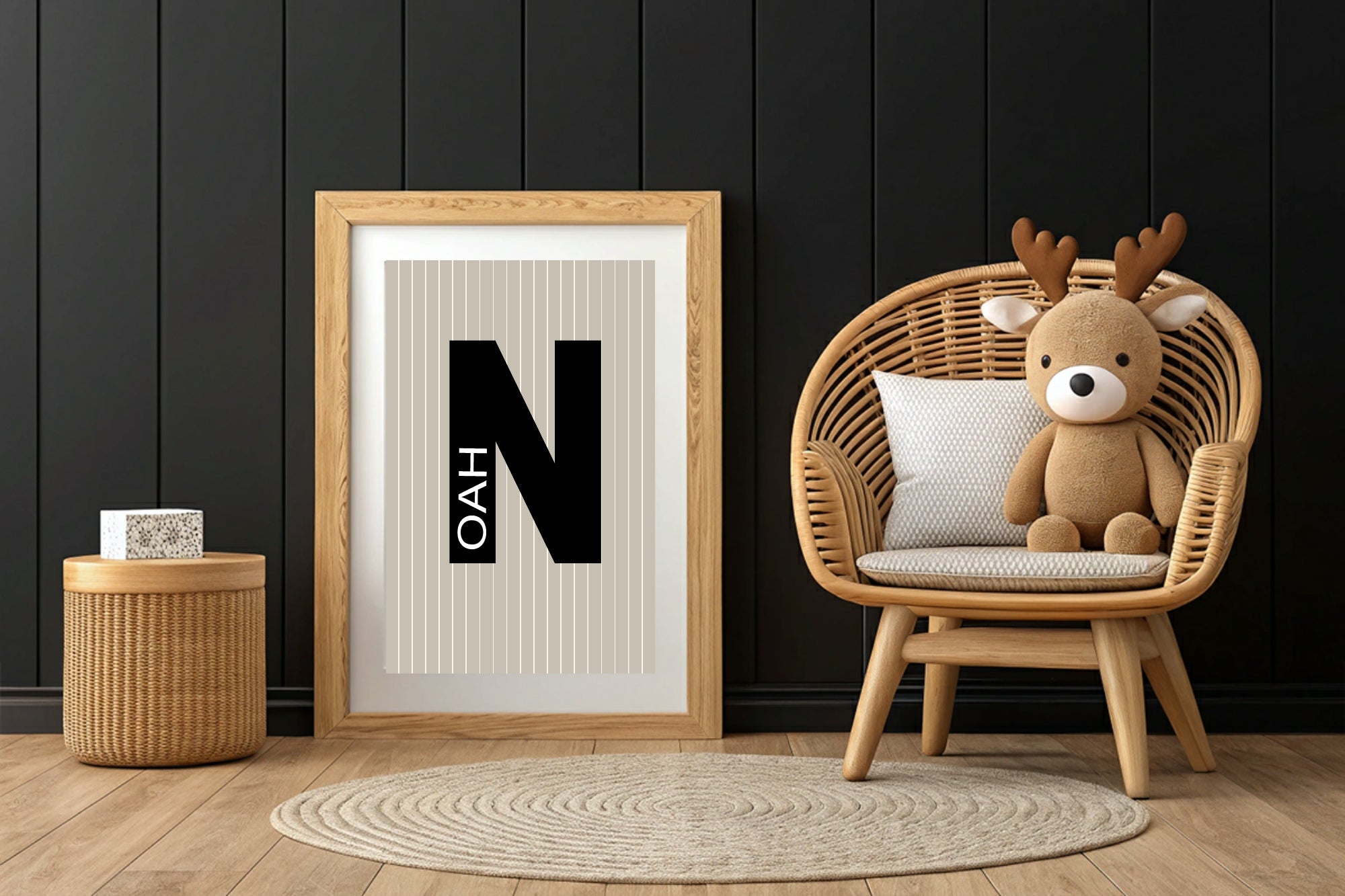 Personalised Pinstripe Initial & Name Wall Art Print | Beige & Black