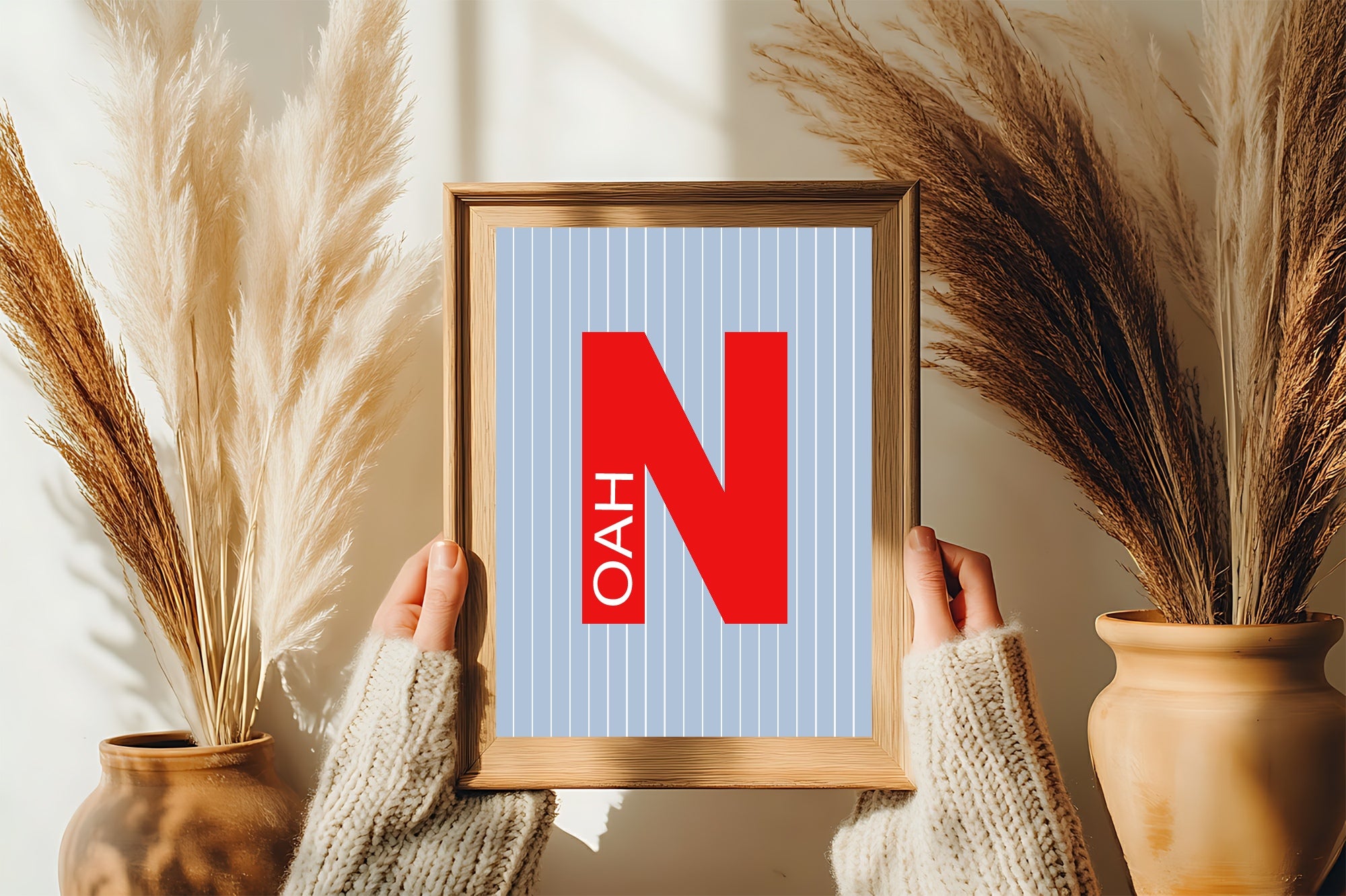 Personalised Pinstripe Initial & Name Wall Art Print | Blue & Red
