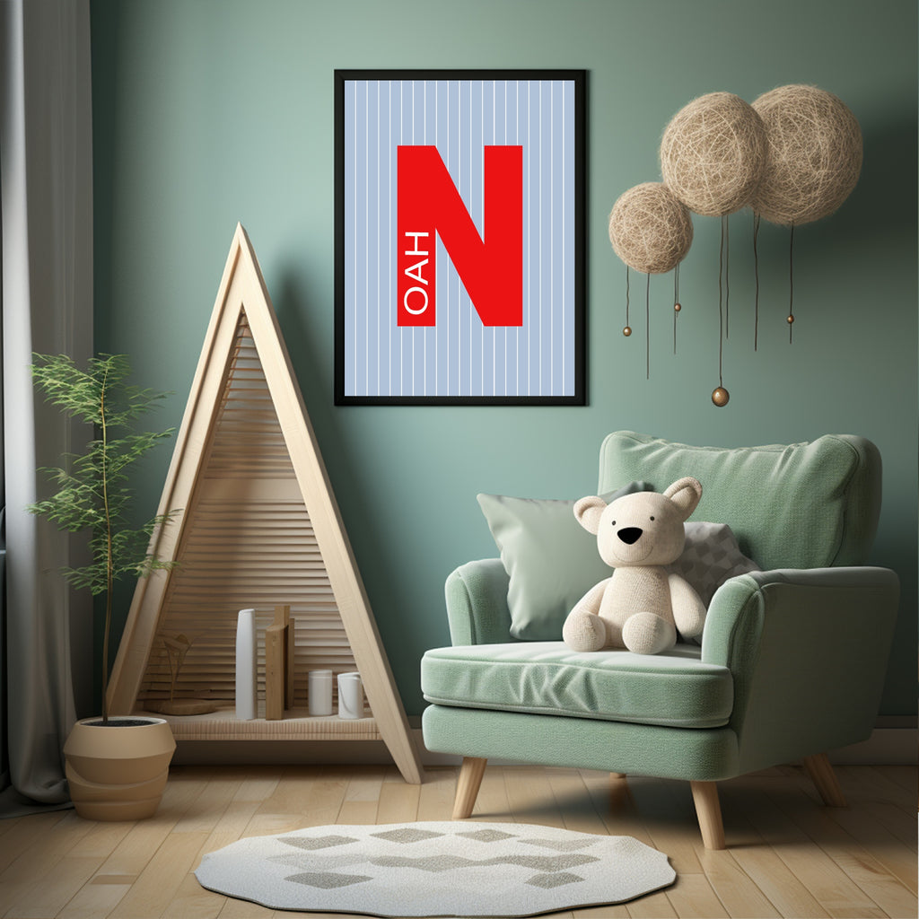 Personalised Pinstripe Initial & Name Wall Art Print | Blue & Red