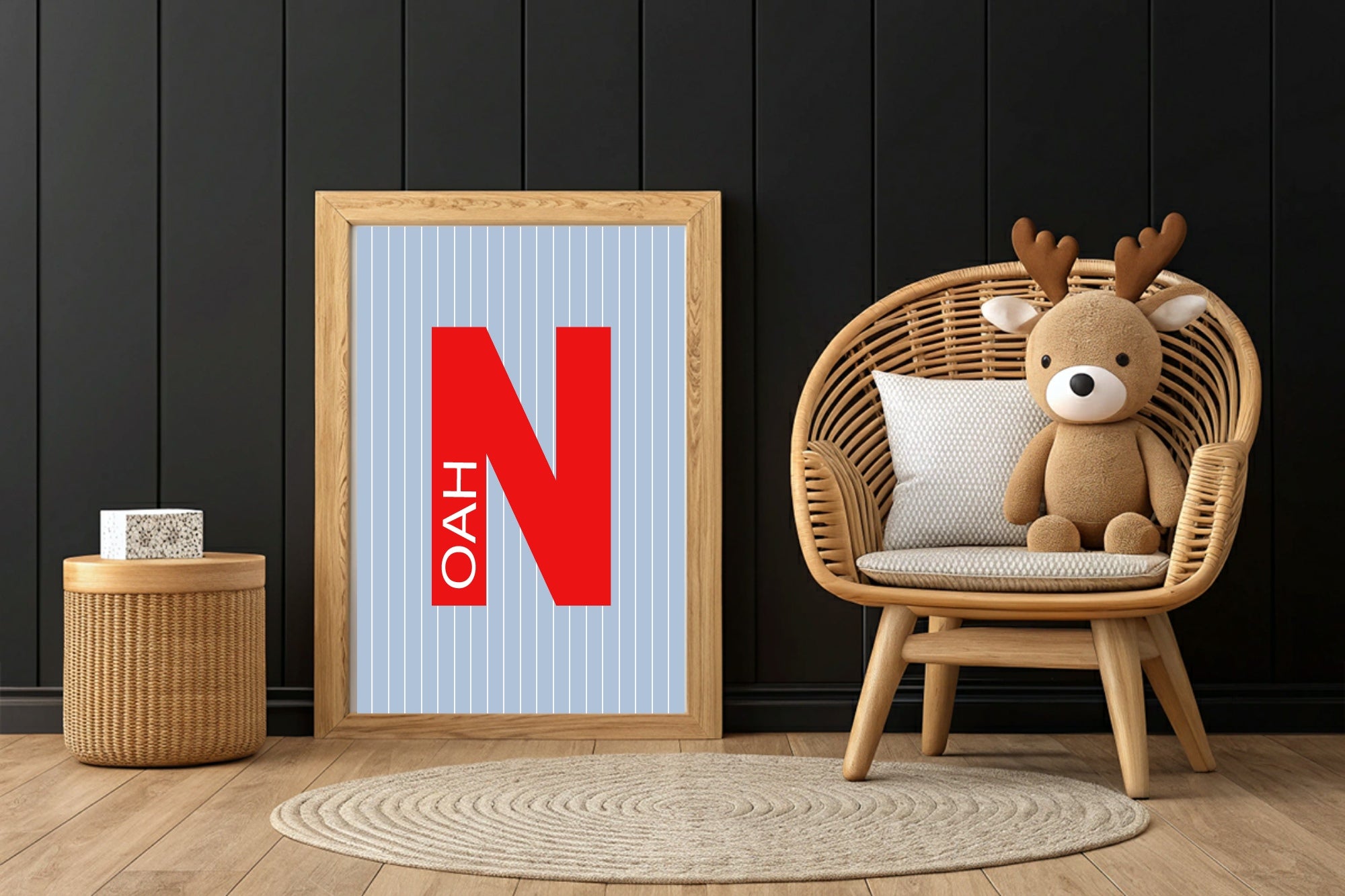 Personalised Pinstripe Initial & Name Wall Art Print | Blue & Red