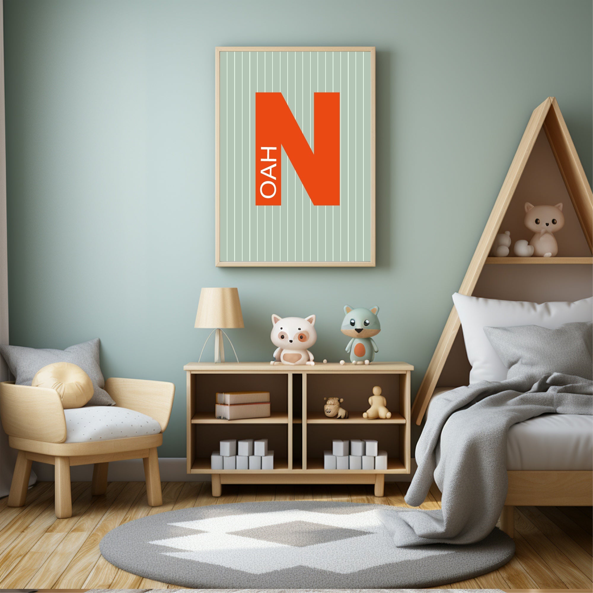 Personalised Pinstripe Initial & Name Wall Art Print | Green & Orange