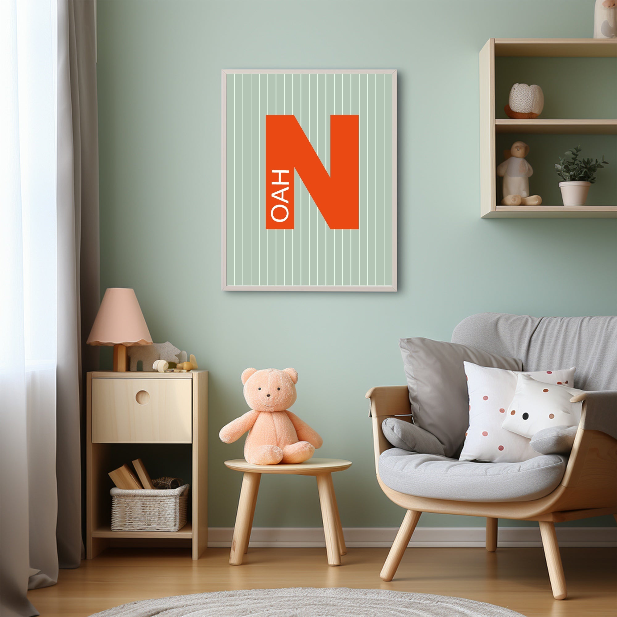 Personalised Pinstripe Initial & Name Wall Art Print | Green & Orange