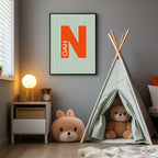 Personalised Pinstripe Initial & Name Wall Art Print | Green & Orange