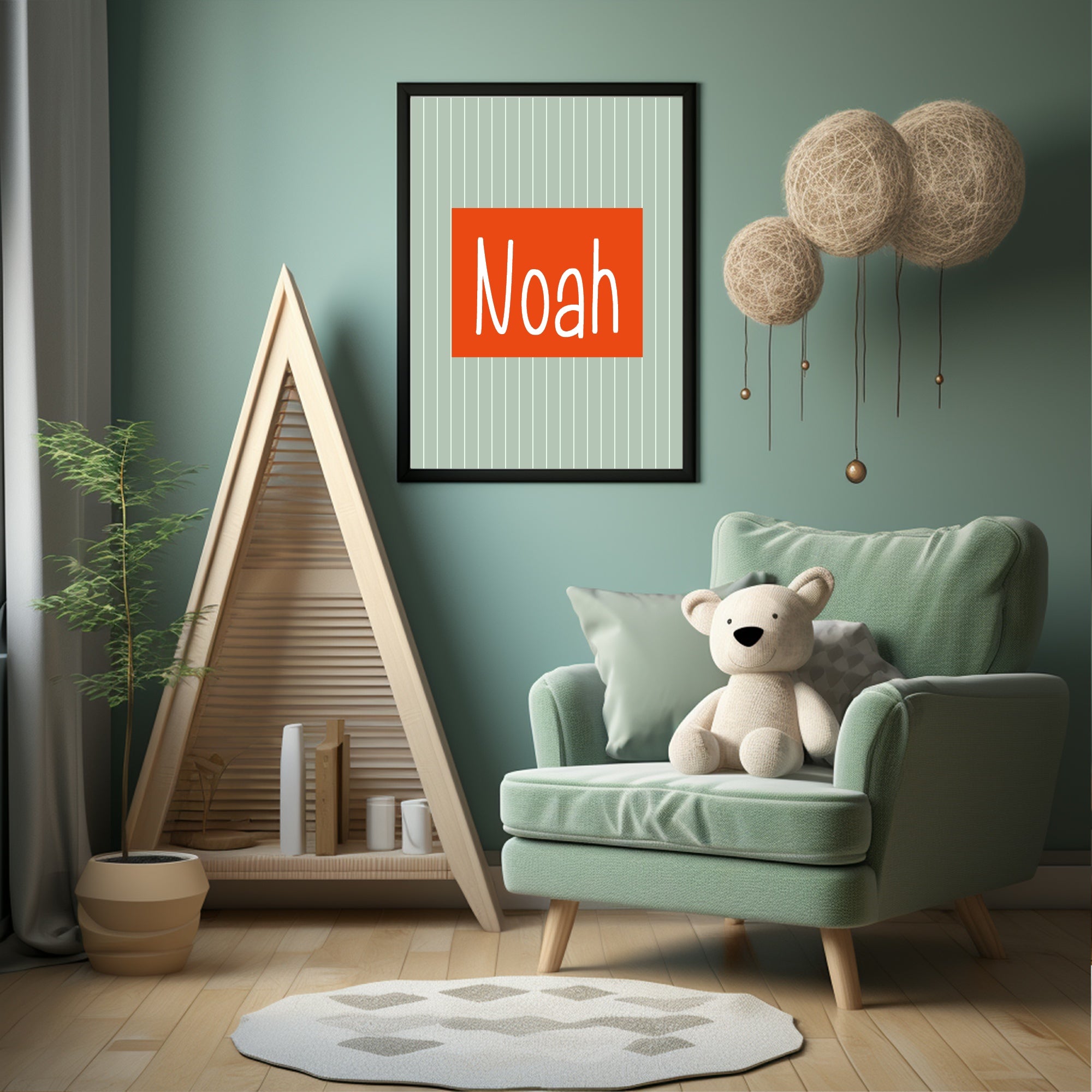 Personalised Pinstripe Name Wall Art Print | Green & Orange