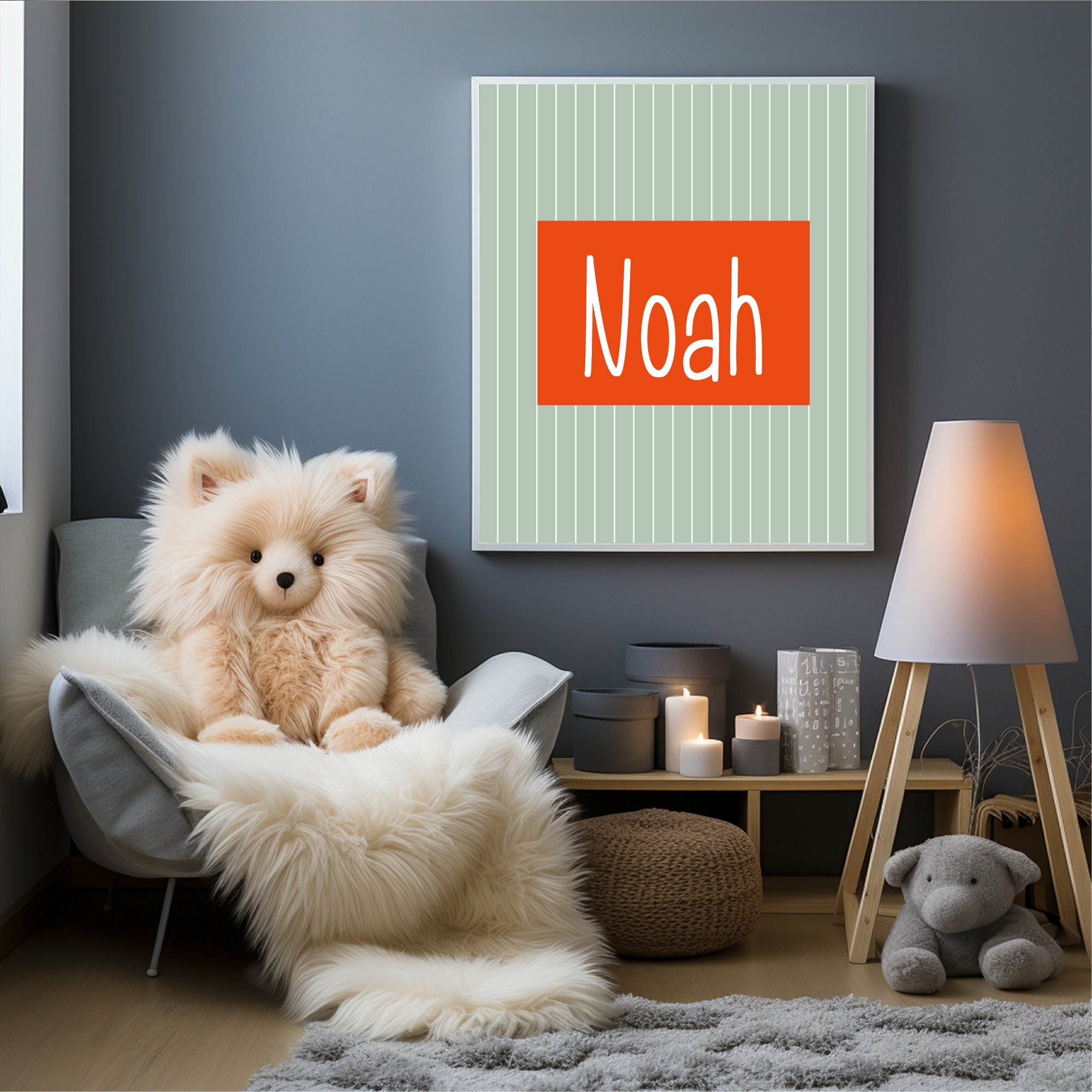 Personalised Pinstripe Name Wall Art Print | Green & Orange