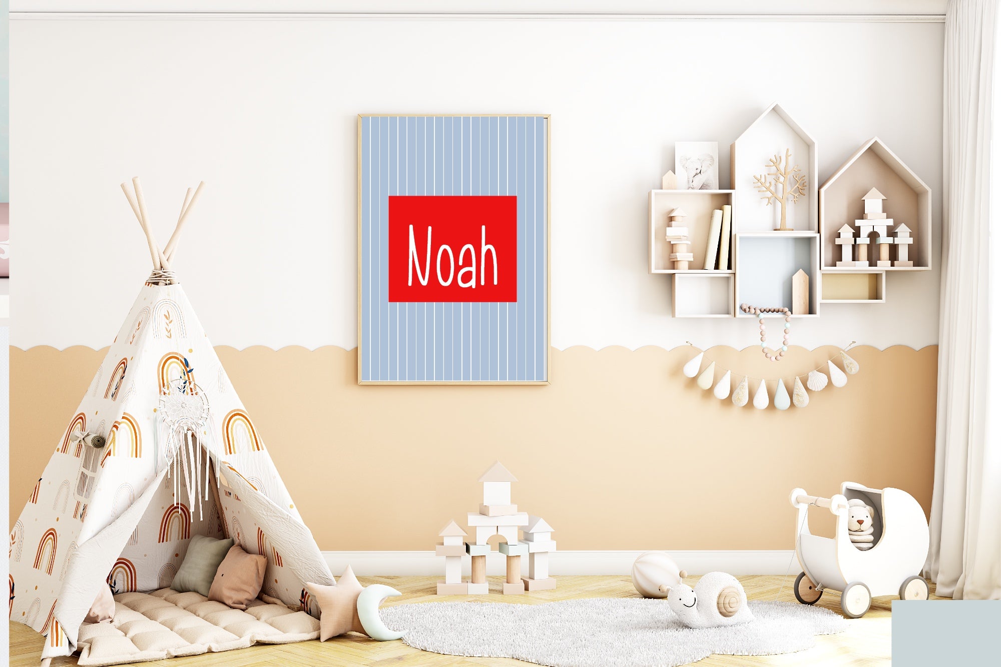 Personalised Pinstripe Name Wall Art Print | Blue & Red