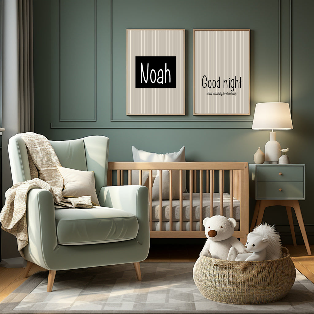 Pinstripe Goodnight Wall Art Print | Beige & Black