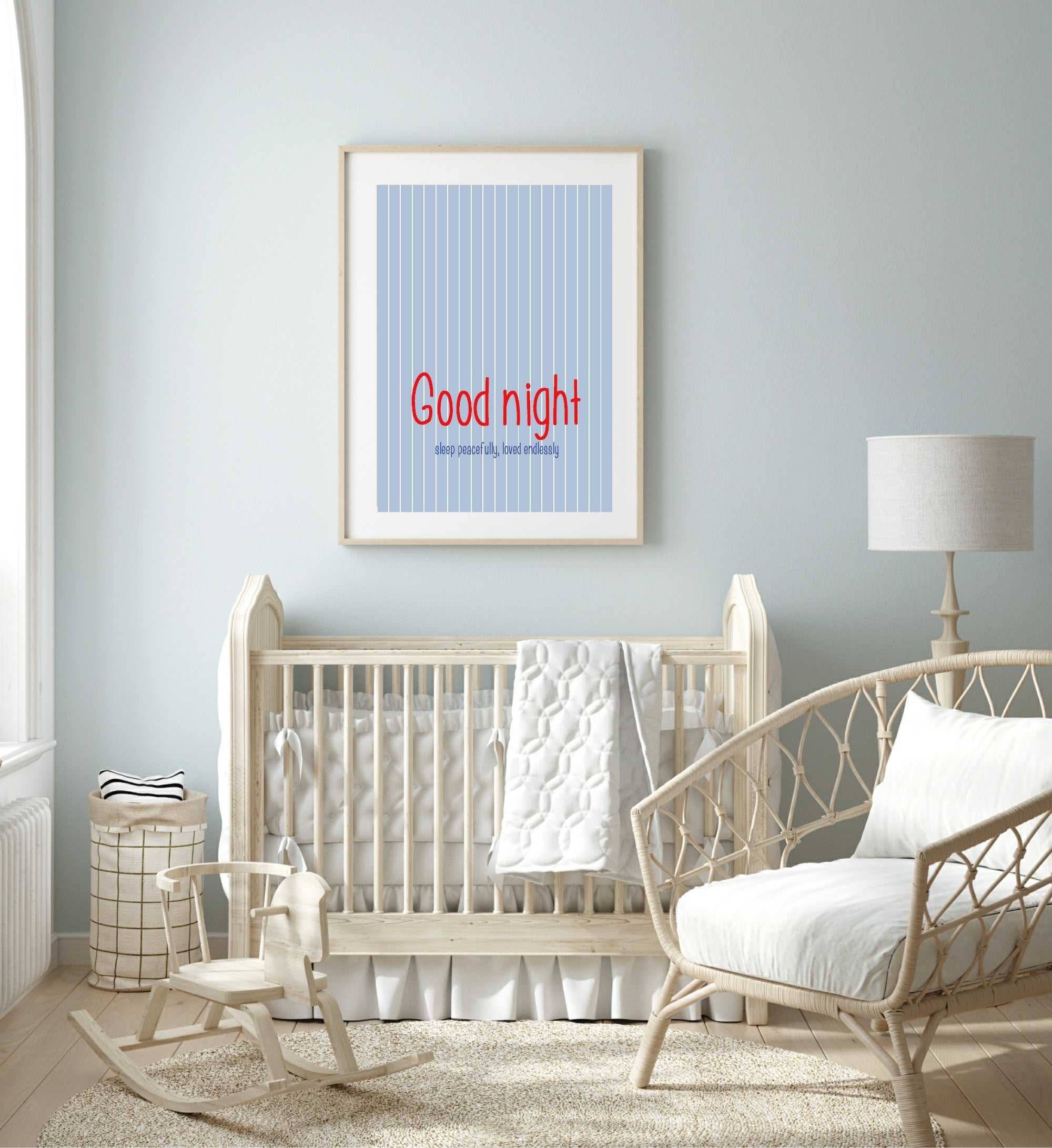 Pinstripe Goodnight Wall Art Print | Blue & Red