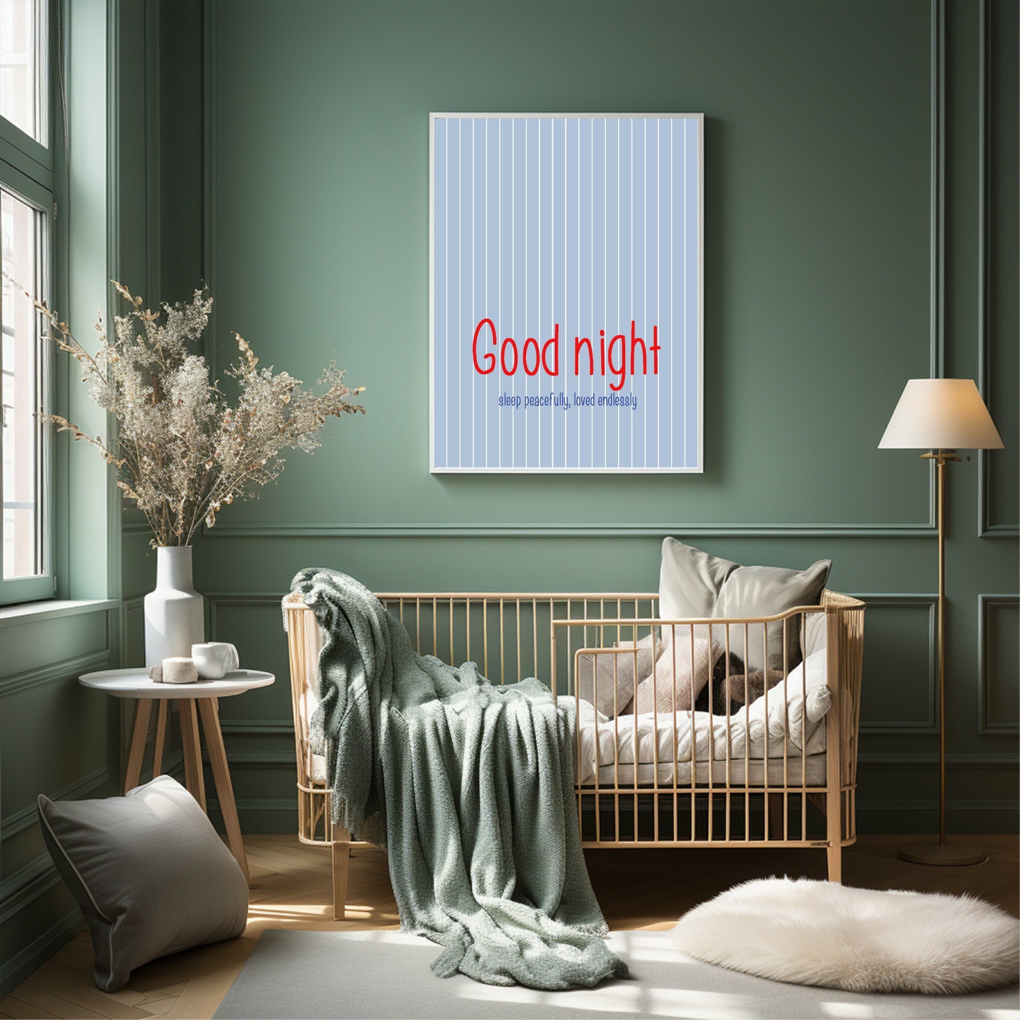 Pinstripe Goodnight Wall Art Print | Blue & Red