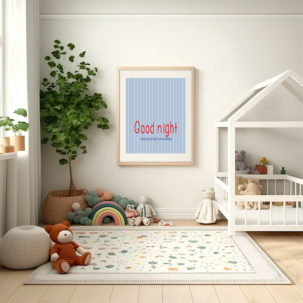 Pinstripe Goodnight Wall Art Print | Blue & Red