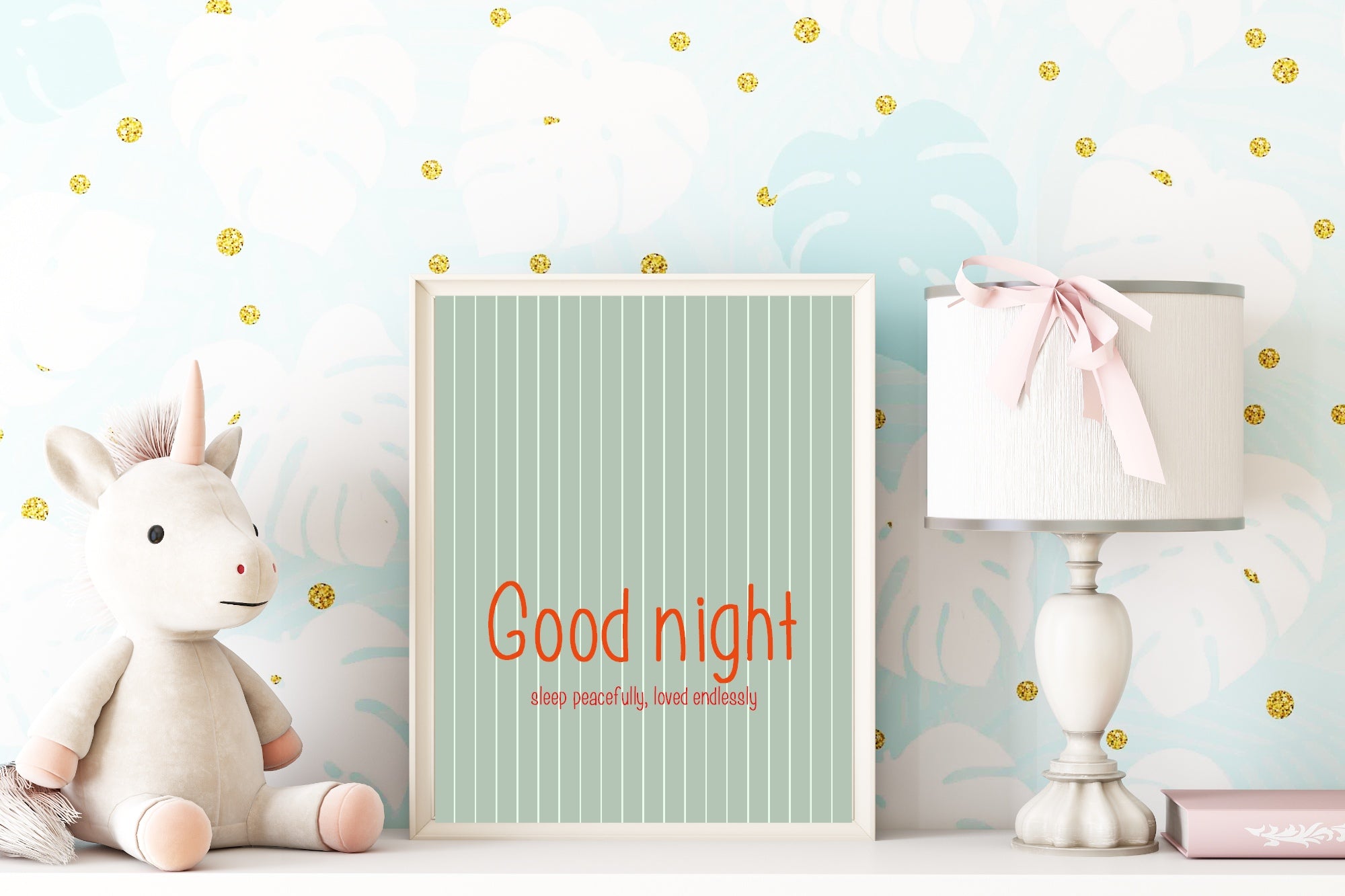 Pinstripe Goodnight Wall Art Print | Green & Orange