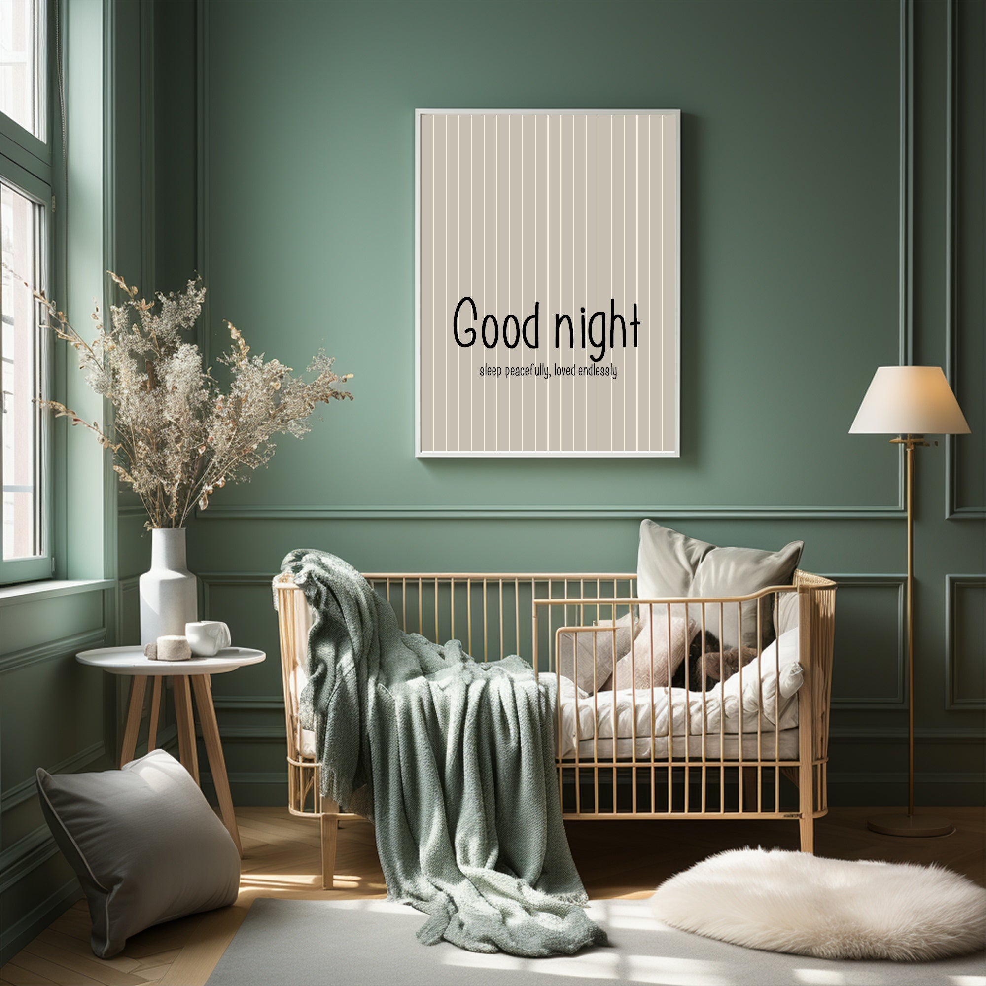 Pinstripe Goodnight Wall Art Print | Beige & Black
