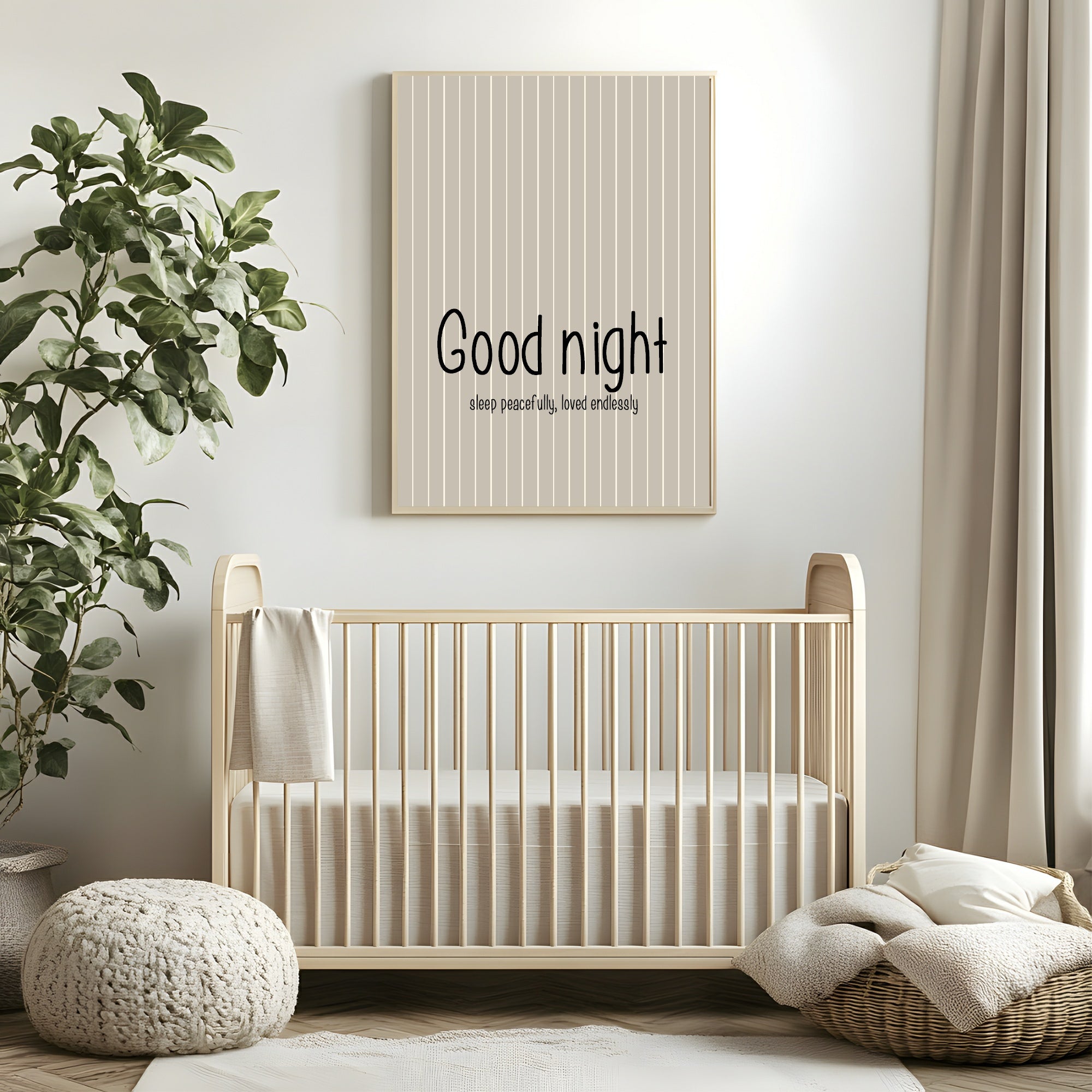 Pinstripe Goodnight Wall Art Print | Beige & Black