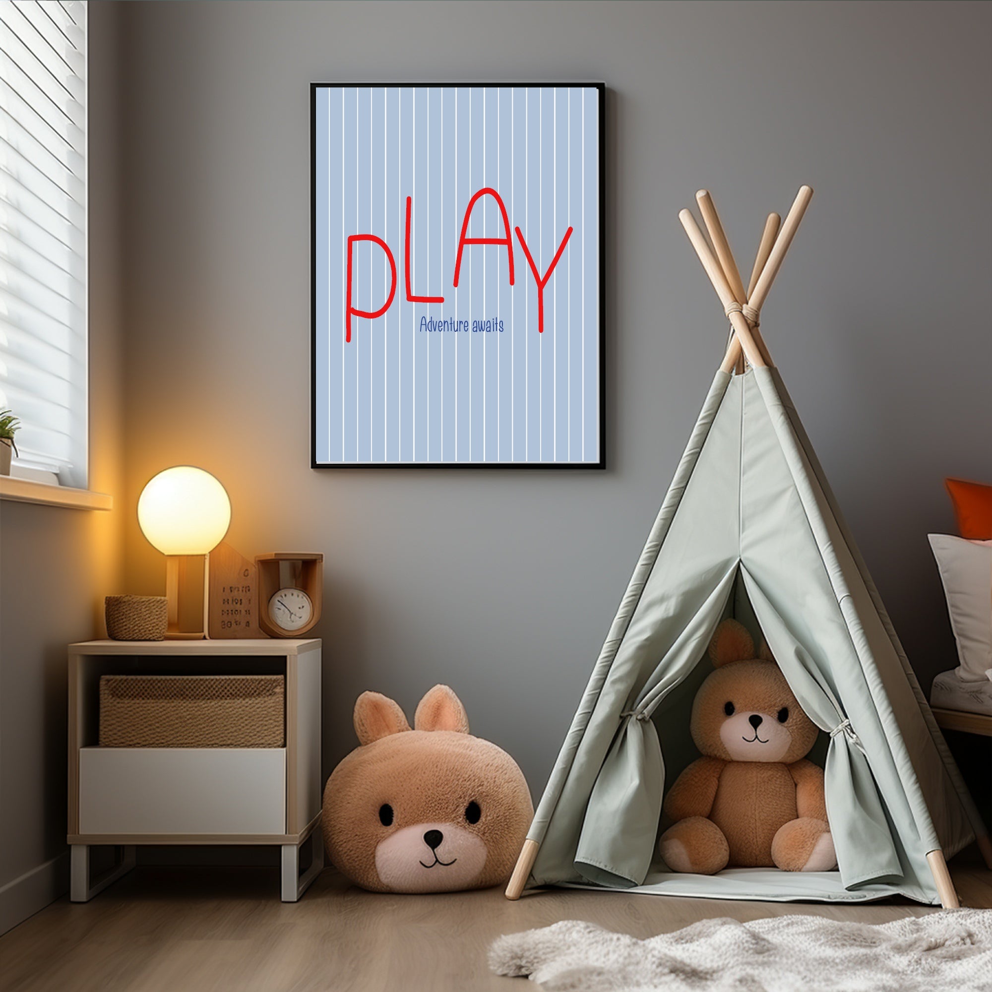 Children's room with a teepee, teddy bears, and a 'PLAY' poster on the wall.