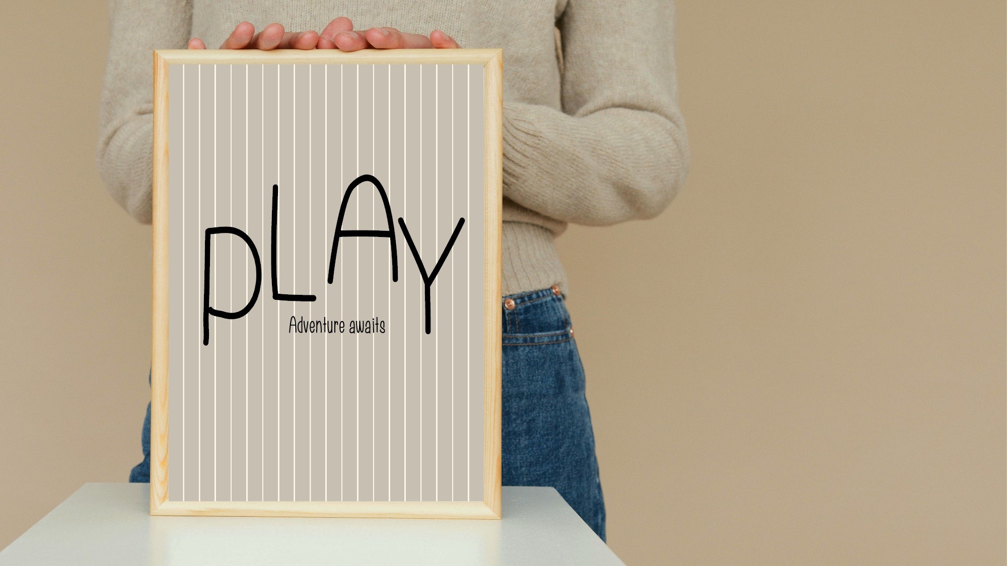 Pinstripe Play Wall Art Print | Beige & Black