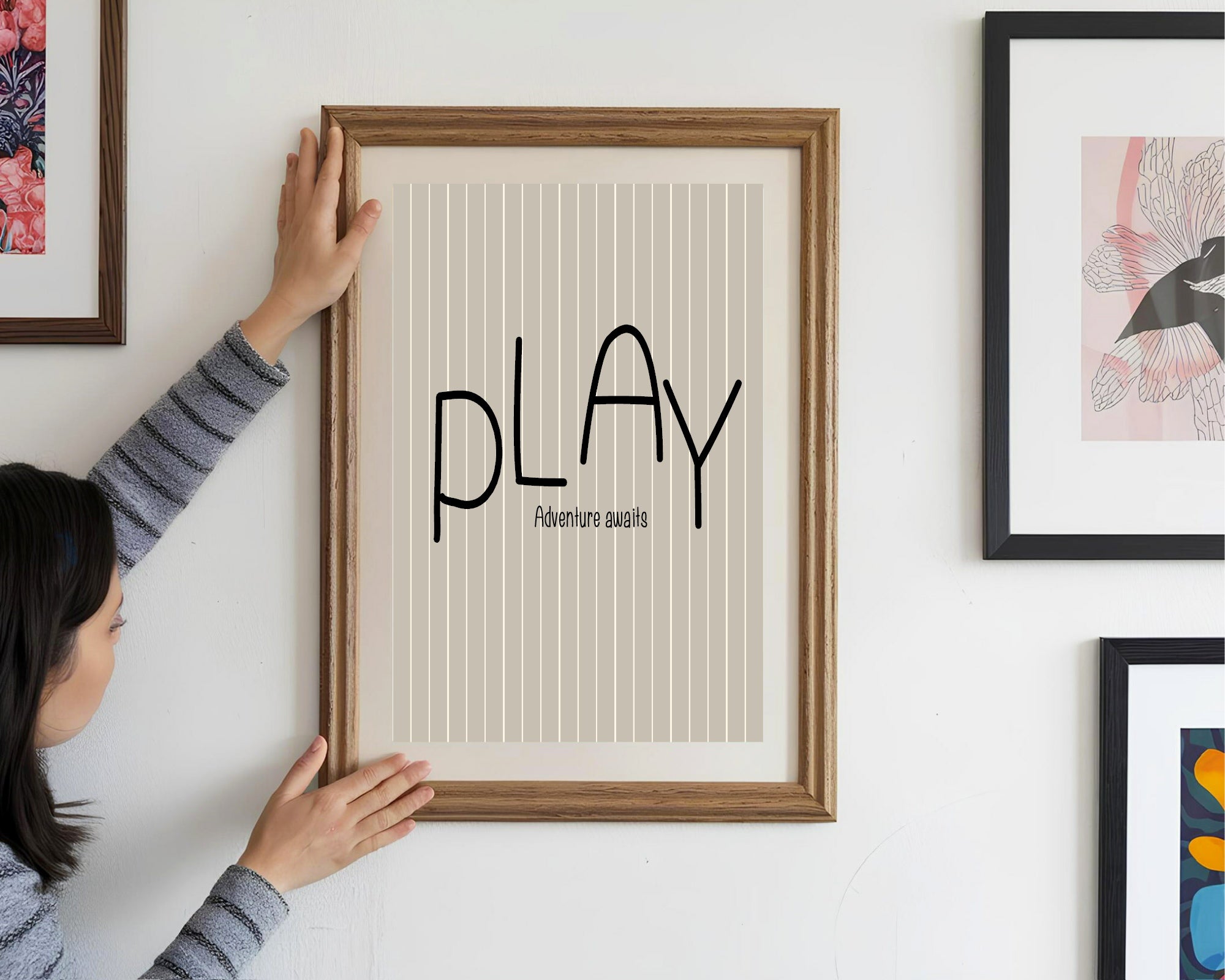 Pinstripe Play Wall Art Print | Beige & Black