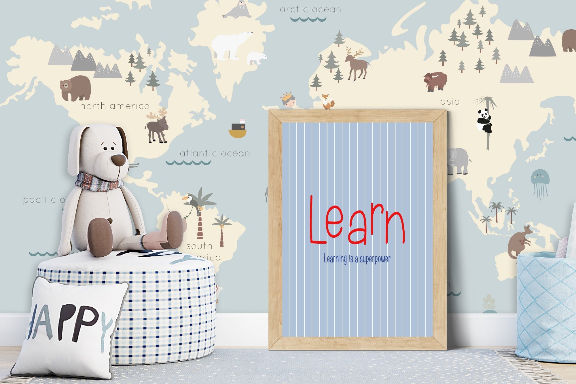 Pinstripe Learn Wall Art Print | Blue & Red