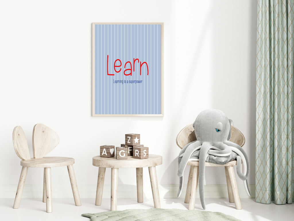 Pinstripe Learn Wall Art Print | Blue & Red