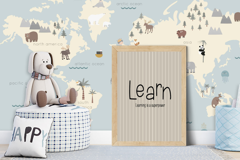 Children's room with world map wallpaper, plush toy, and motivational poster.