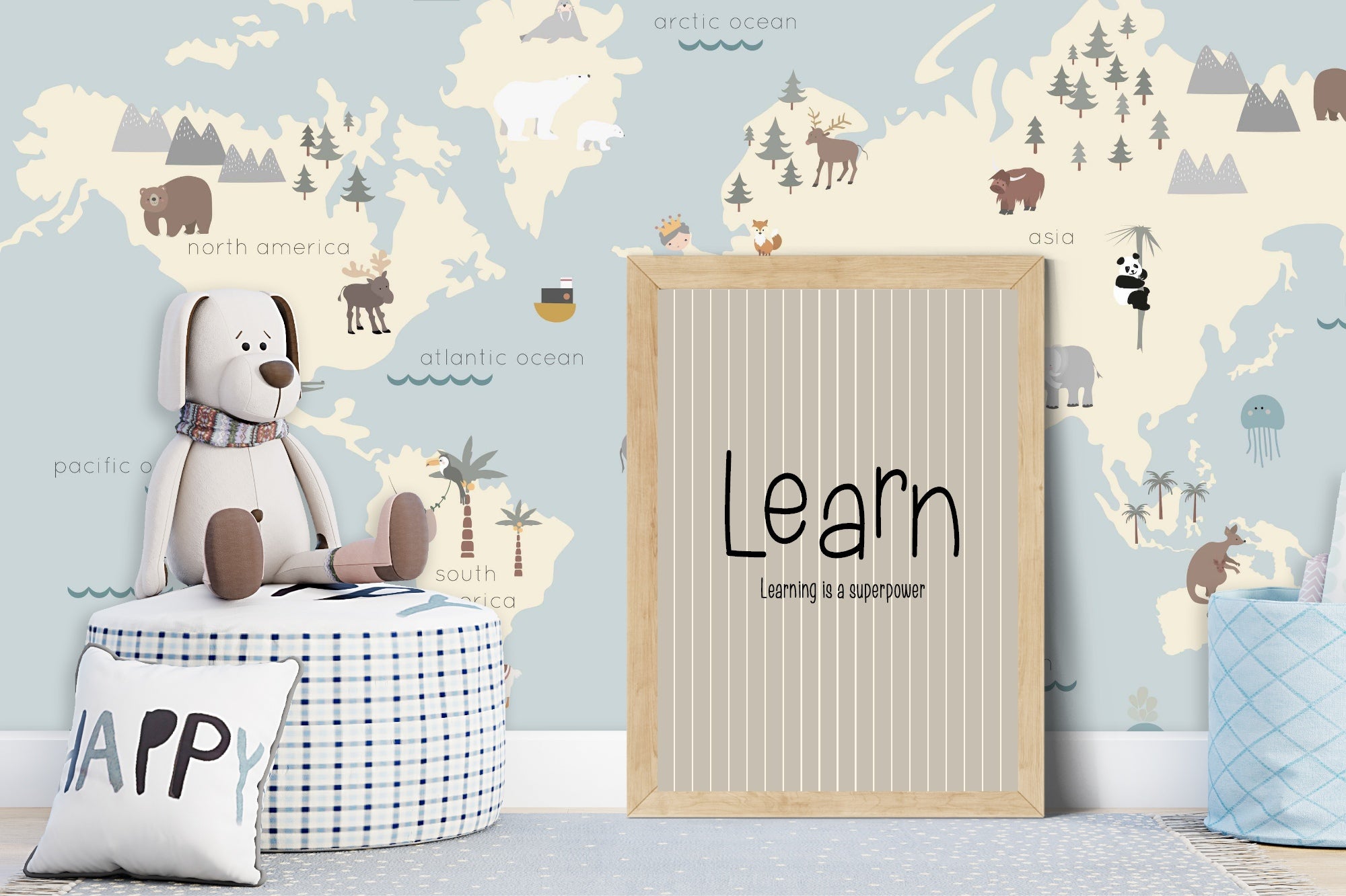 Children's room with world map wallpaper, plush toy, and motivational poster.