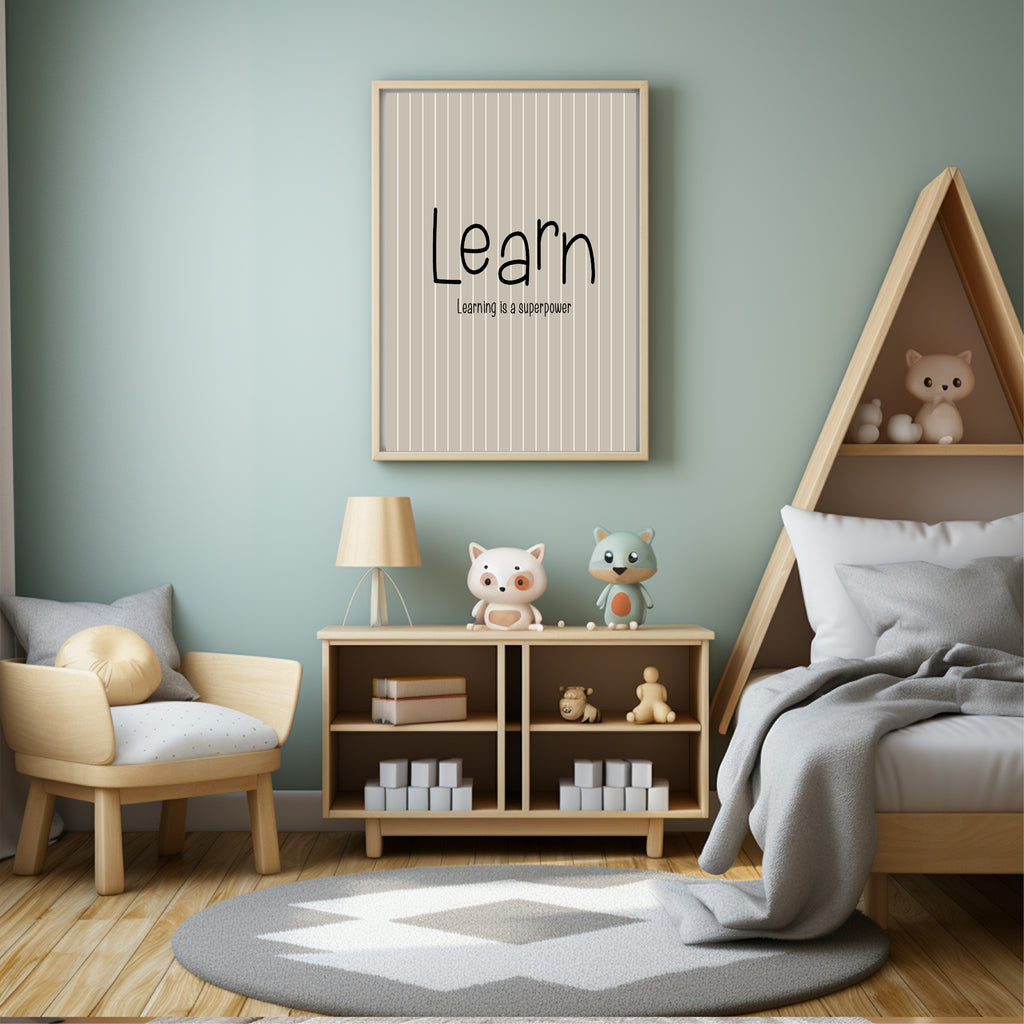 Pinstripe Learn Wall Art Print | Beige & Black