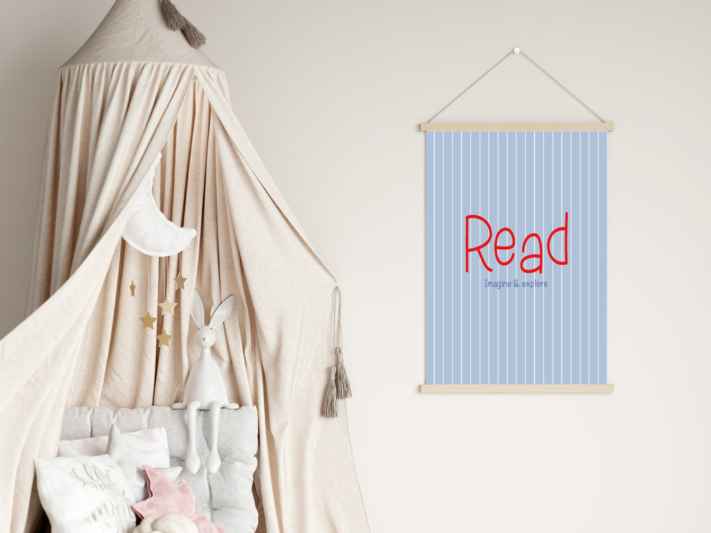 Children's room with a hanging crib and a 'Read' poster on the wall.
