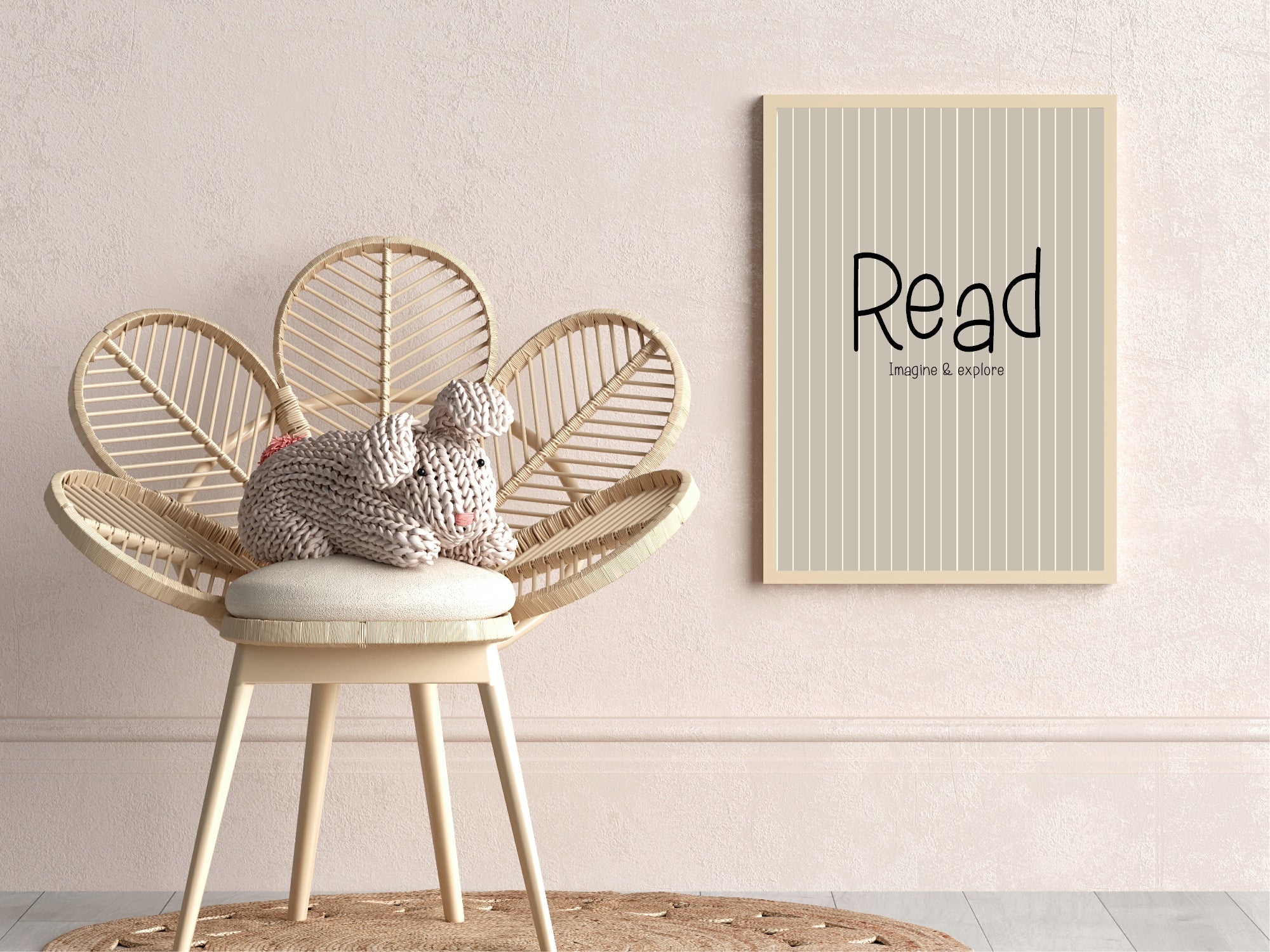 Wicker chair with a knitted toy next to a framed picture on a wall.