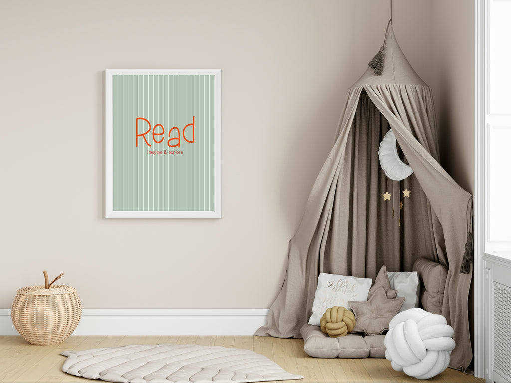 Children's reading nook with a canopy, pillows, and a 'Read' poster on a wall.