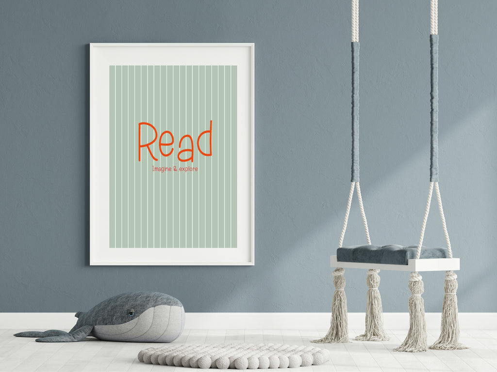 Framed poster with 'Read' text on a wall with two hanging swings.
