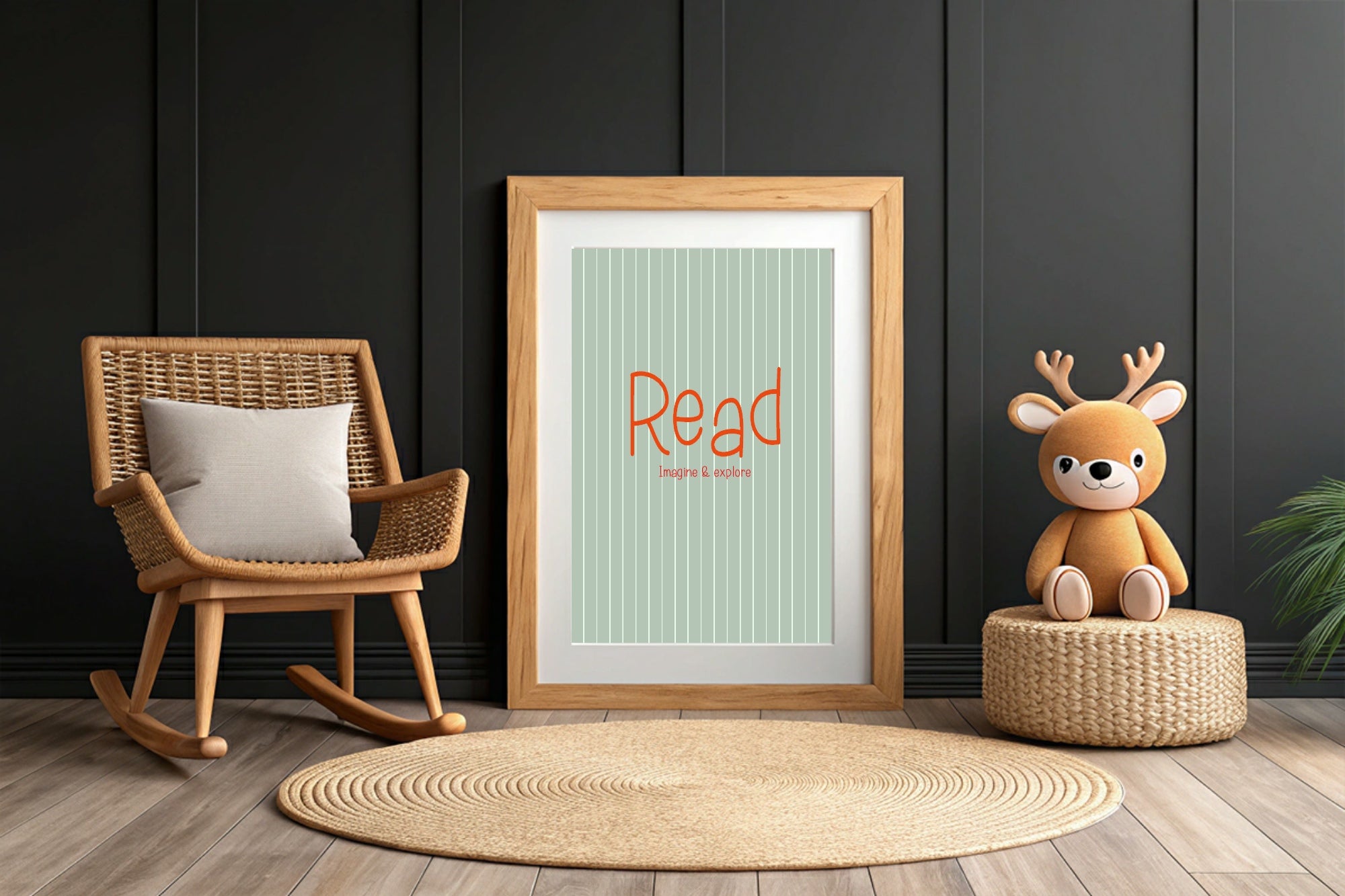Wooden rocking chair with a framed picture and a plush toy on a dark paneled wall background