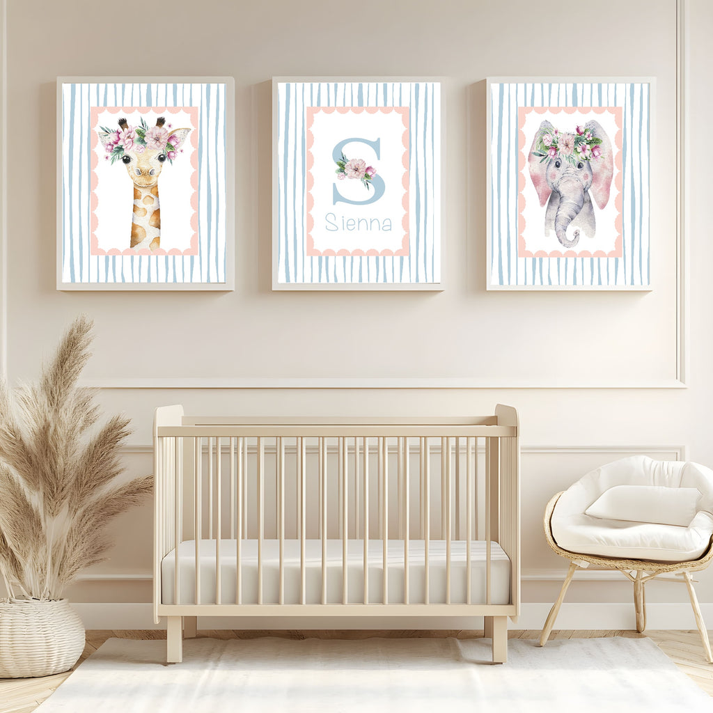 Personalised Set Of 3 Emmie Elephant & Gillie Giraffe Wall Art Prints | Baby Pink & Blue Kids Animal Posters
