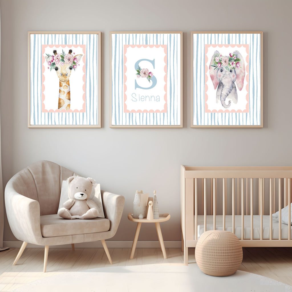 Personalised Set Of 3 Emmie Elephant & Gillie Giraffe Wall Art Prints | Baby Pink & Blue Kids Animal Posters