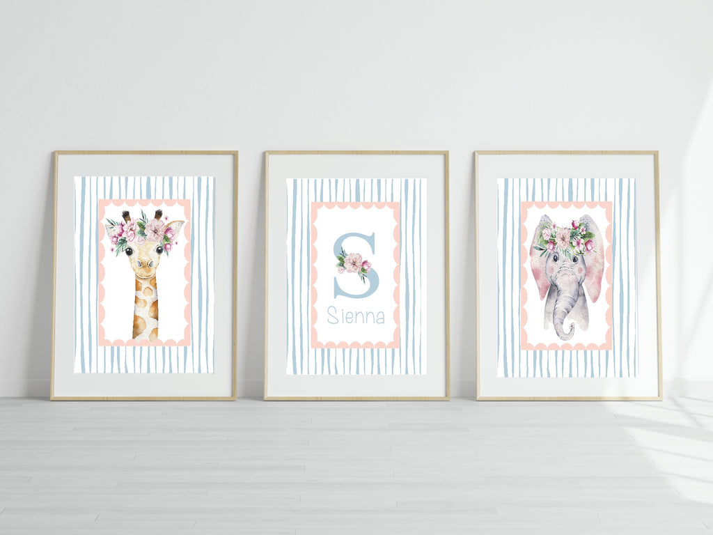 Personalised Set Of 3 Emmie Elephant & Gillie Giraffe Wall Art Prints | Baby Pink & Blue Kids Animal Posters