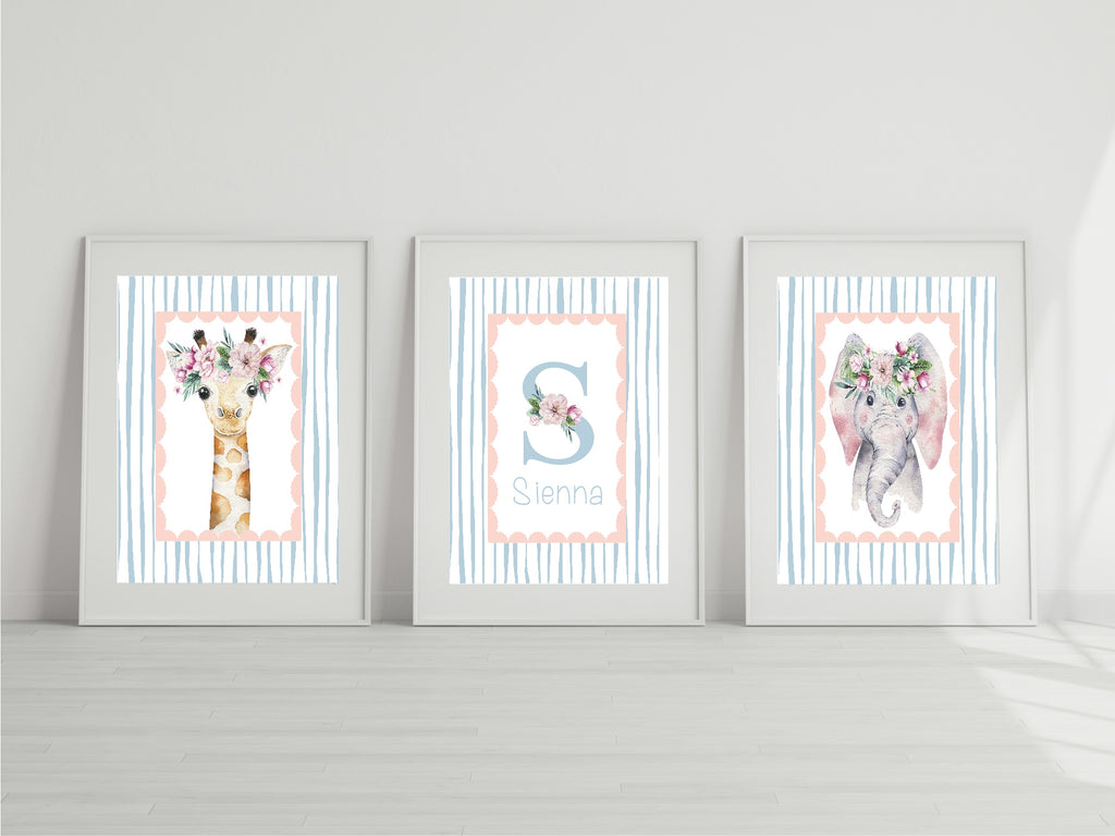 Personalised Set Of 3 Emmie Elephant & Gillie Giraffe Wall Art Prints | Baby Pink & Blue Kids Animal Posters