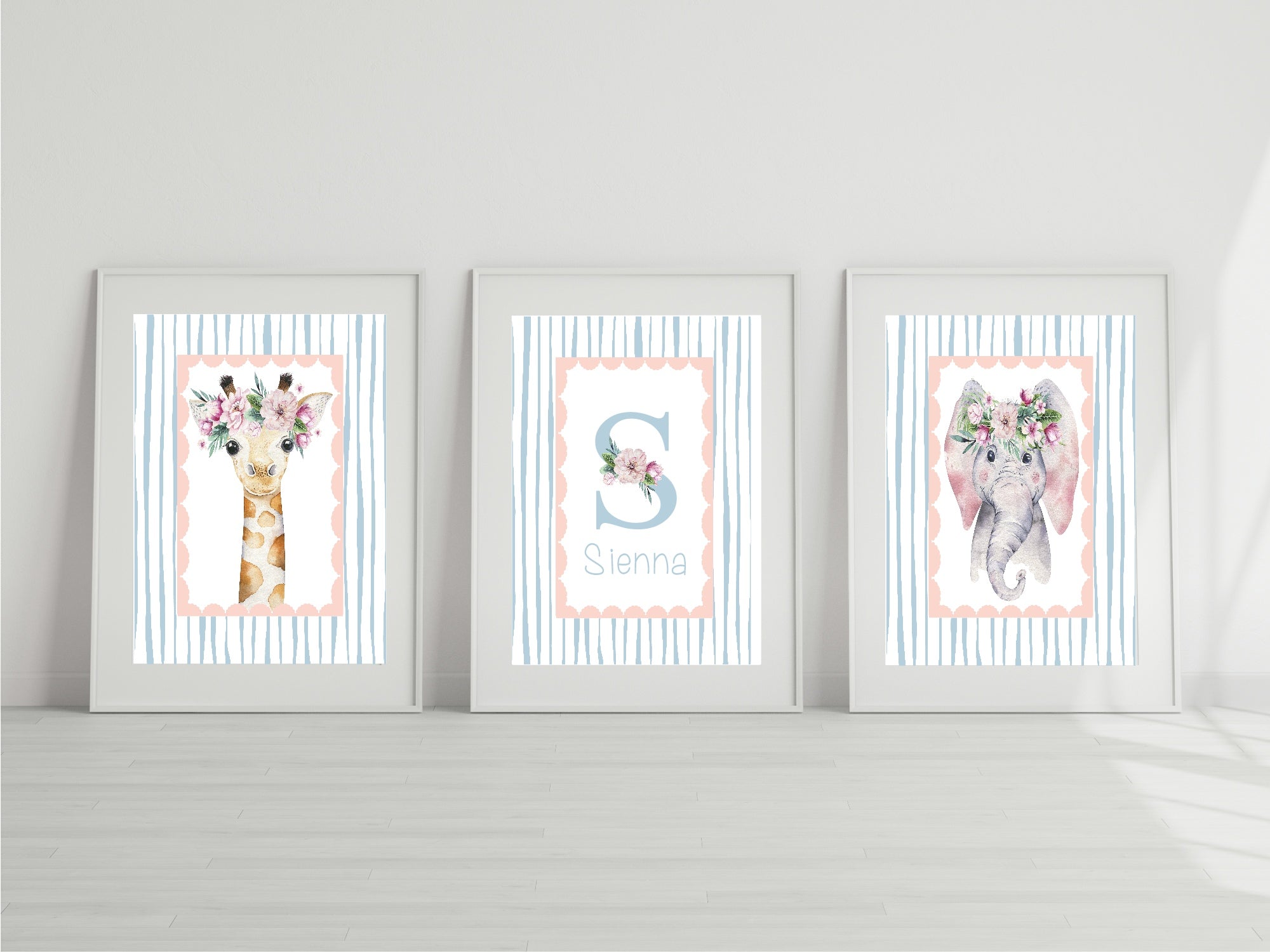 Personalised Set Of 3 Emmie Elephant & Gillie Giraffe Wall Art Prints | Baby Pink & Blue Kids Animal Posters