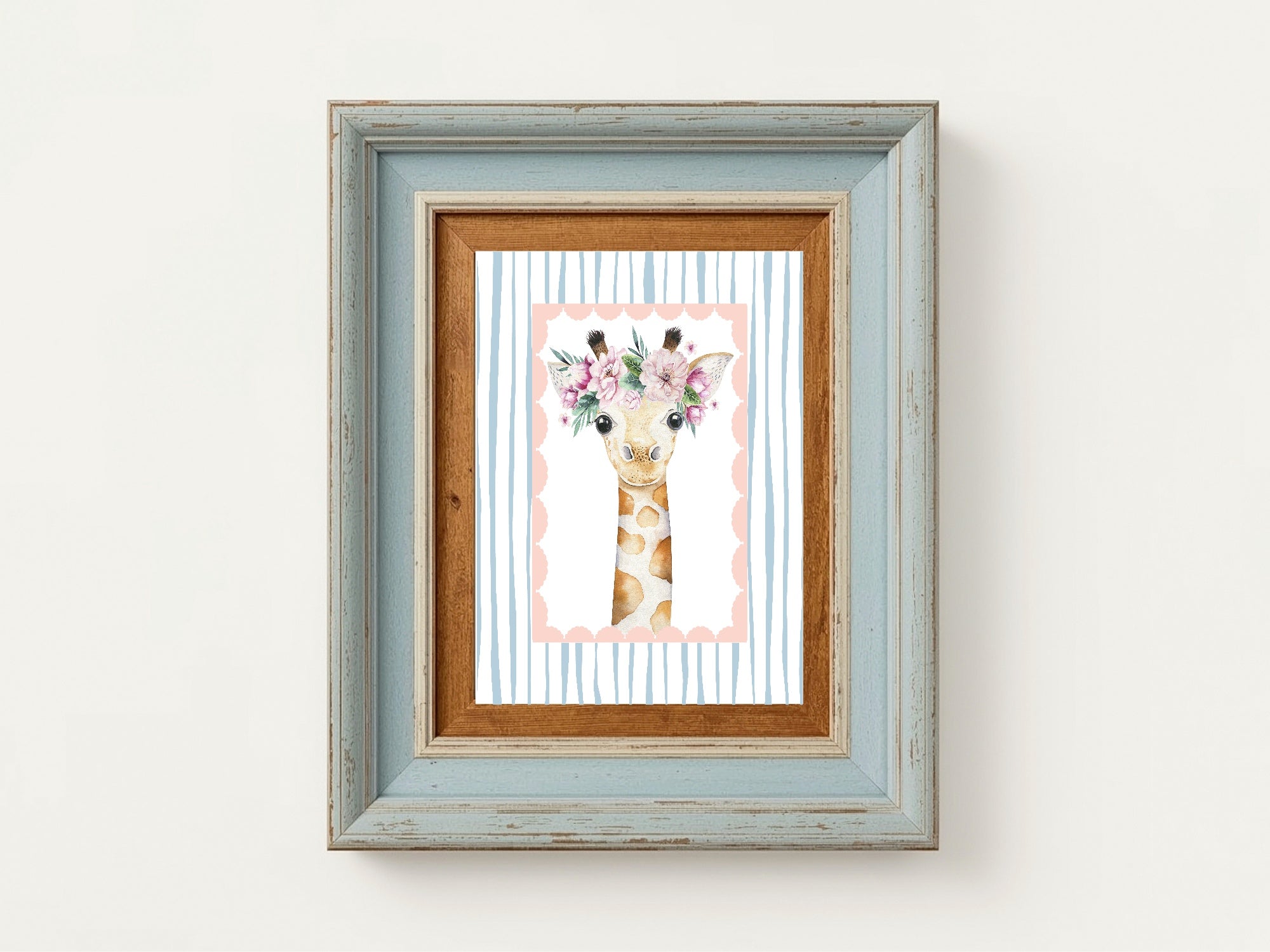 Personalised Set Of 3 Emmie Elephant & Gillie Giraffe Wall Art Prints | Baby Pink & Blue Kids Animal Posters