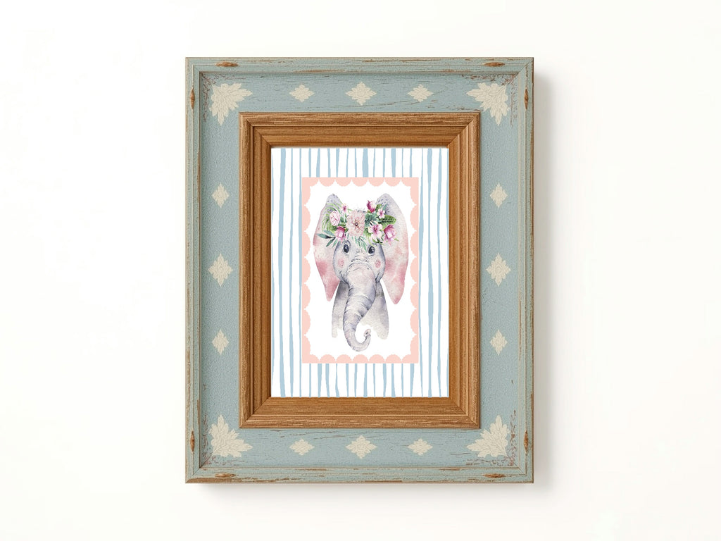 Personalised Set Of 3 Emmie Elephant & Gillie Giraffe Wall Art Prints | Baby Pink & Blue Kids Animal Posters