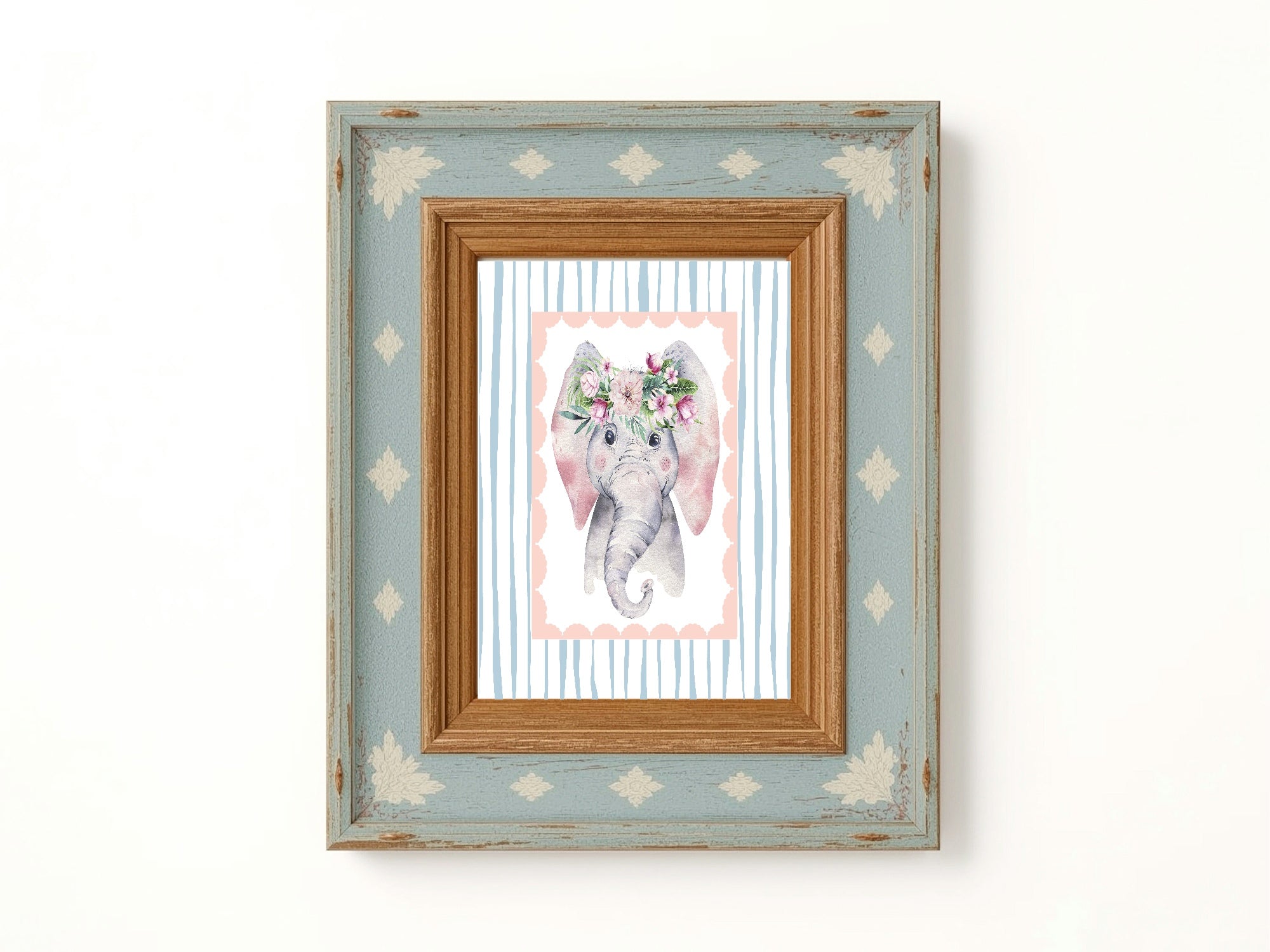 Personalised Set Of 3 Emmie Elephant & Gillie Giraffe Wall Art Prints | Baby Pink & Blue Kids Animal Posters