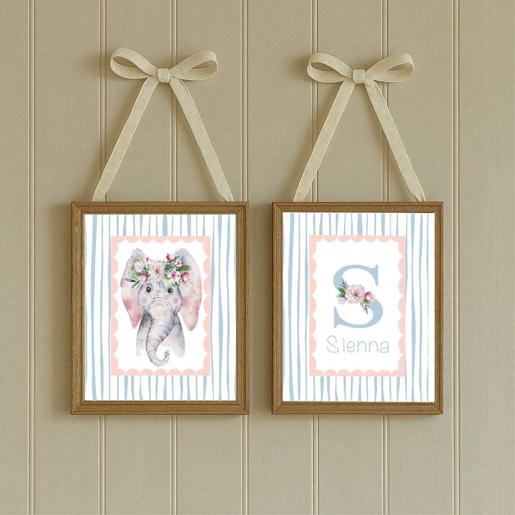 Personalised Set Of 3 Emmie Elephant & Gillie Giraffe Wall Art Prints | Baby Pink & Blue Kids Animal Posters