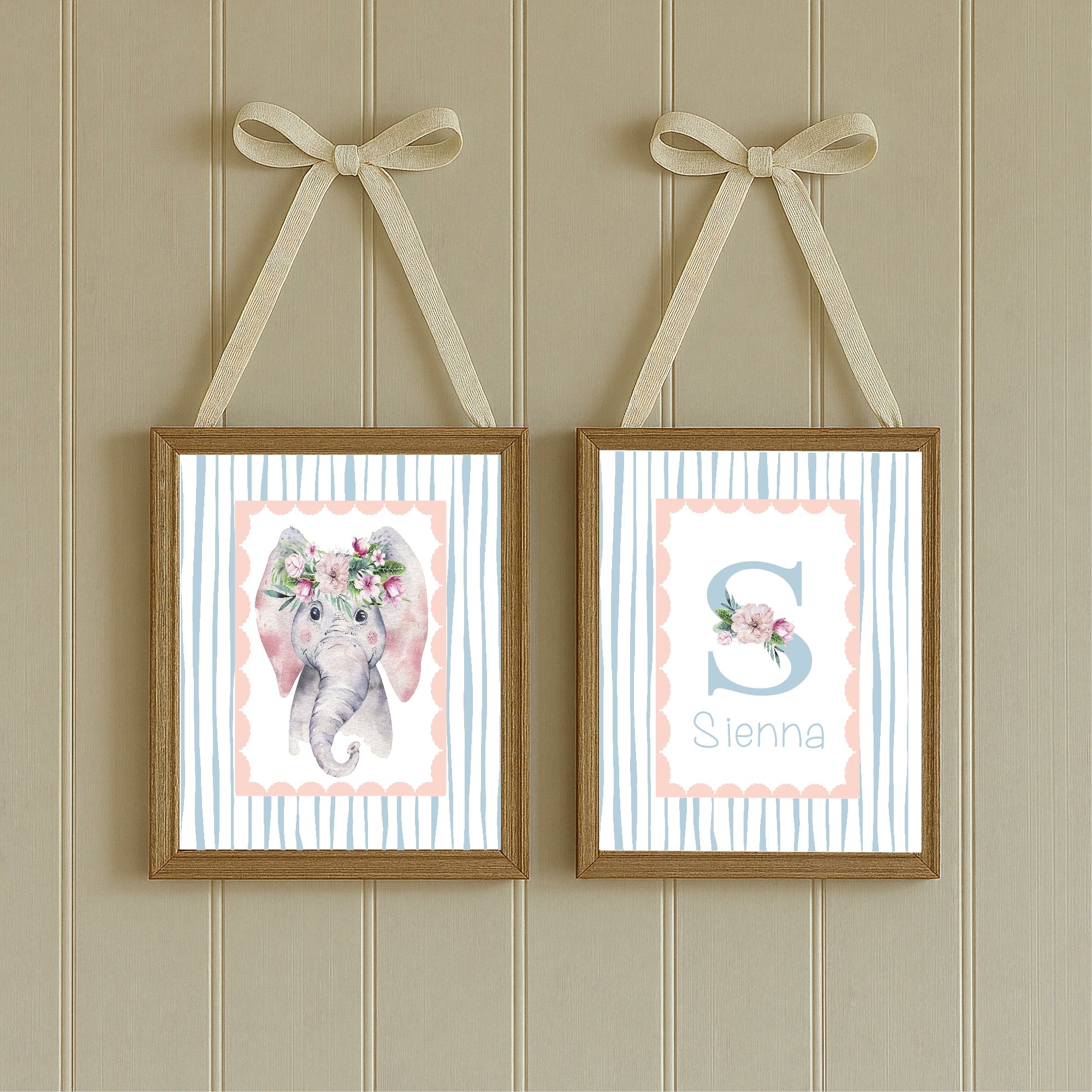 Personalised Set Of 3 Emmie Elephant & Gillie Giraffe Wall Art Prints | Baby Pink & Blue Kids Animal Posters