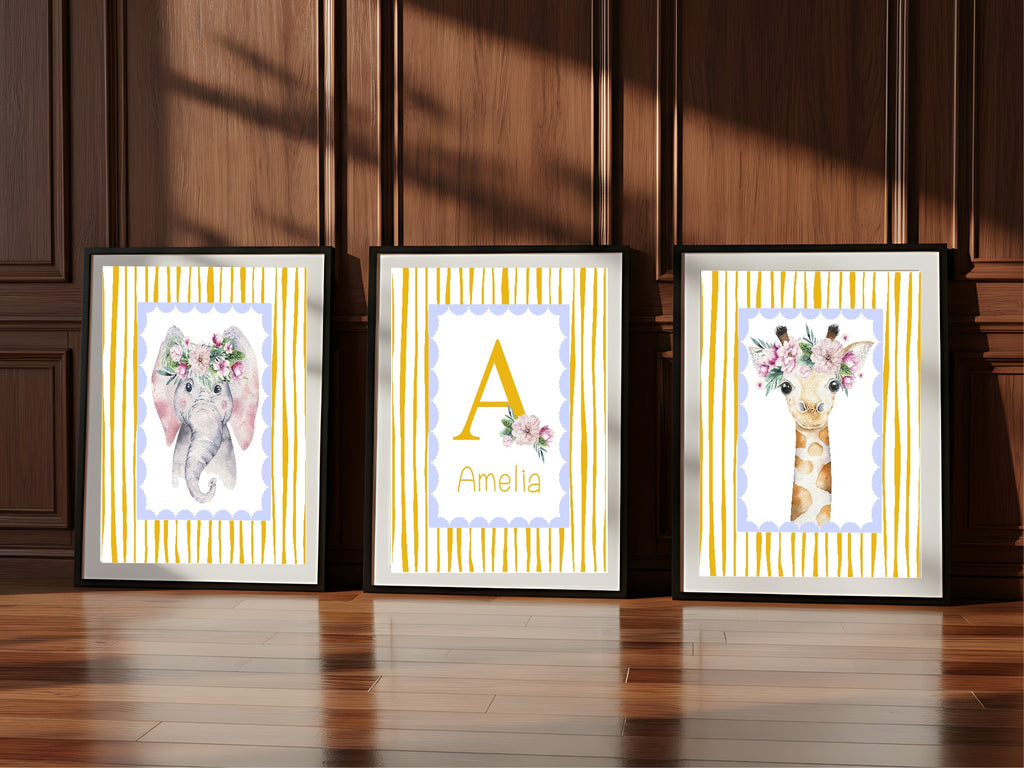 Personalised Set Of 3 Emmie Elephant & Gillie Giraffe Wall Art Prints | Baby Yellow & Blue Kids Animal Posters