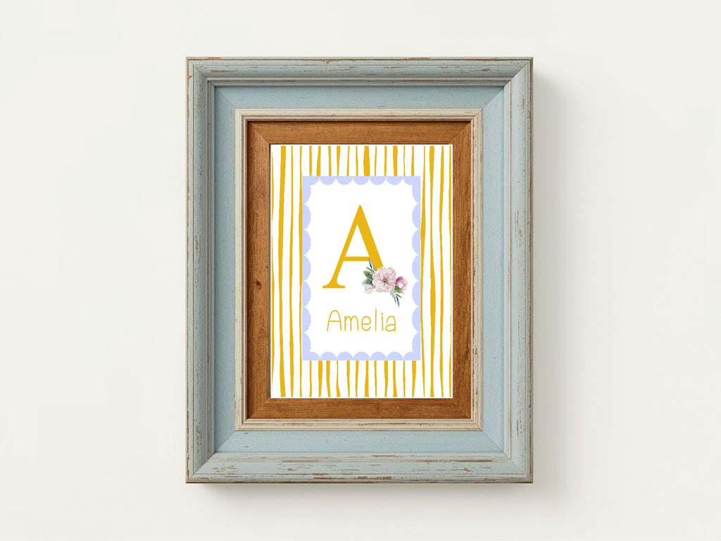 Personalised Set Of 3 Emmie Elephant & Gillie Giraffe Wall Art Prints | Baby Yellow & Blue Kids Animal Posters