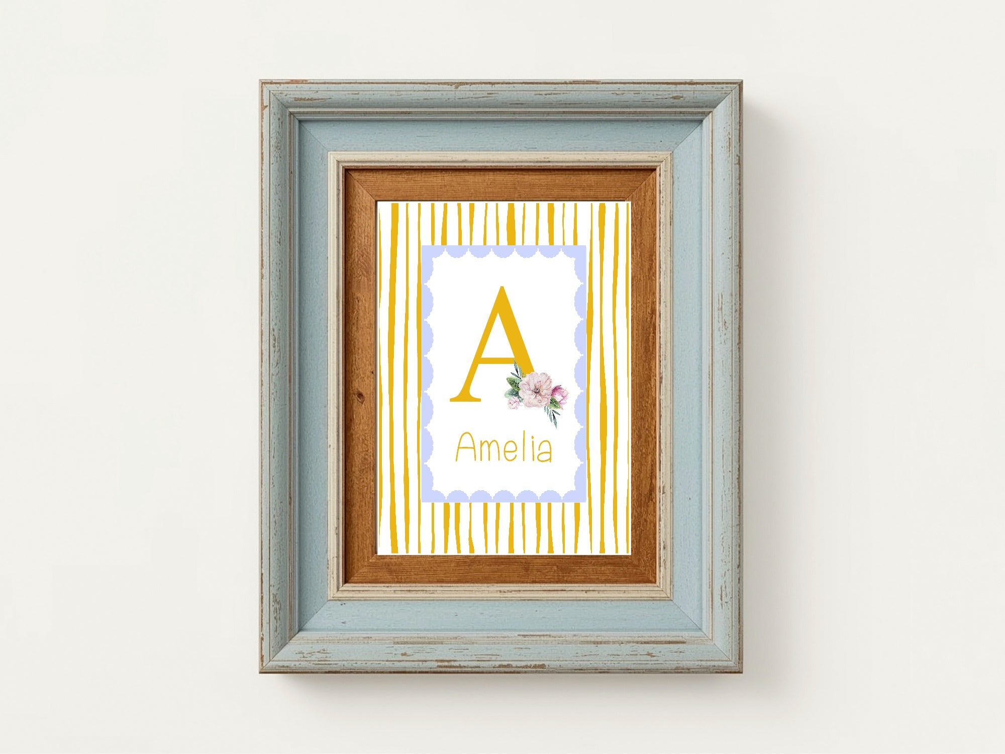 Personalised Set Of 3 Emmie Elephant & Gillie Giraffe Wall Art Prints | Baby Yellow & Blue Kids Animal Posters