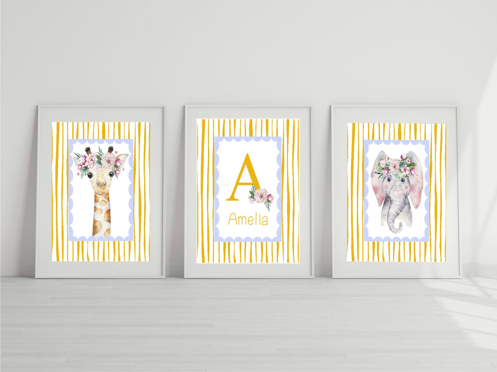 Personalised Set Of 3 Emmie Elephant & Gillie Giraffe Wall Art Prints | Baby Yellow & Blue Kids Animal Posters