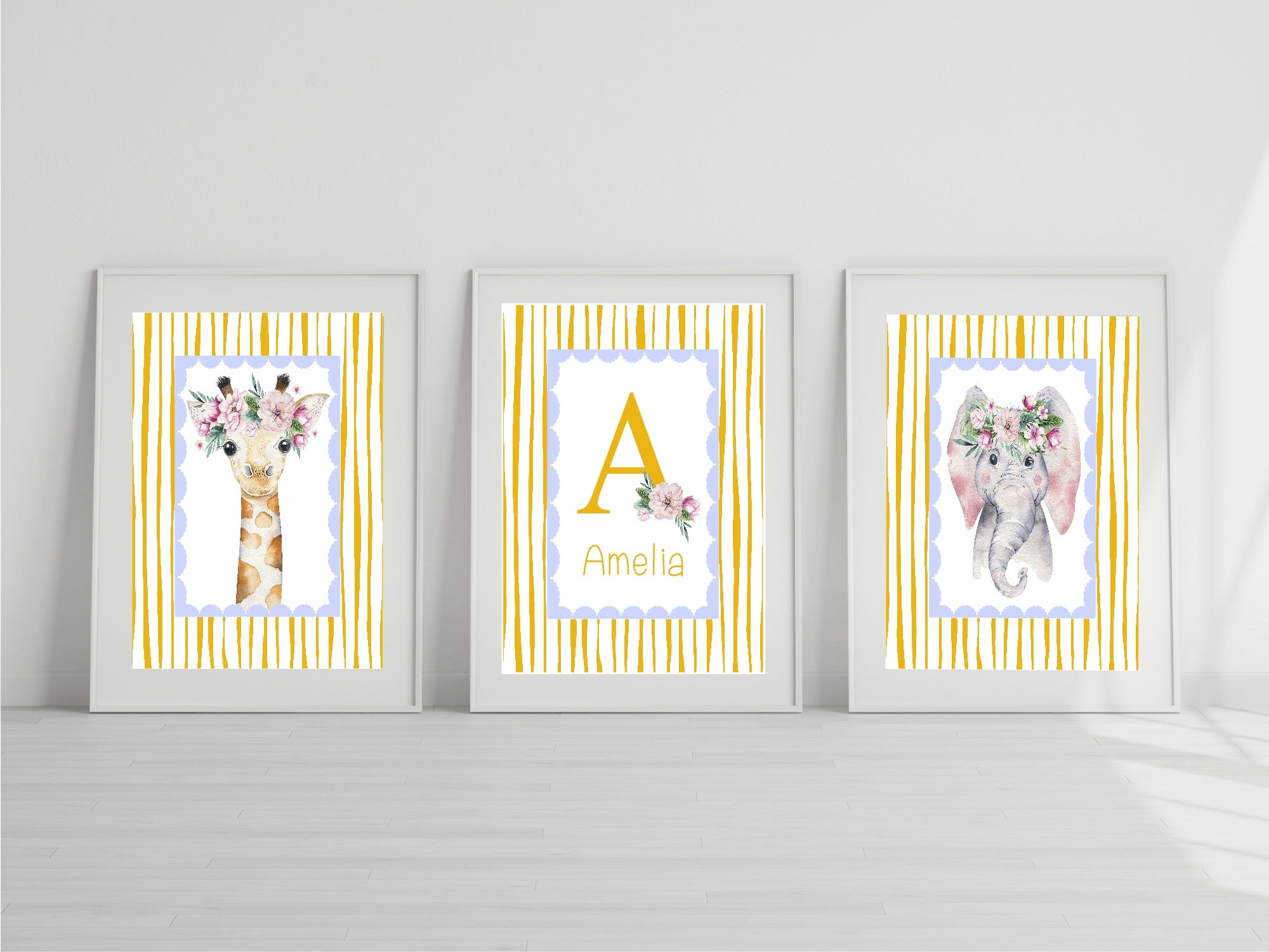 Personalised Set Of 3 Emmie Elephant & Gillie Giraffe Wall Art Prints | Baby Yellow & Blue Kids Animal Posters